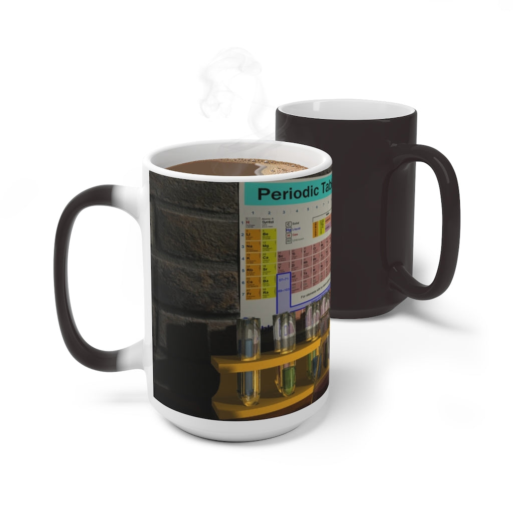 A white ceramic Science Scene Color Changing Mug displaying vibrant colors as it heats up, perfect for enjoying hot beverages.