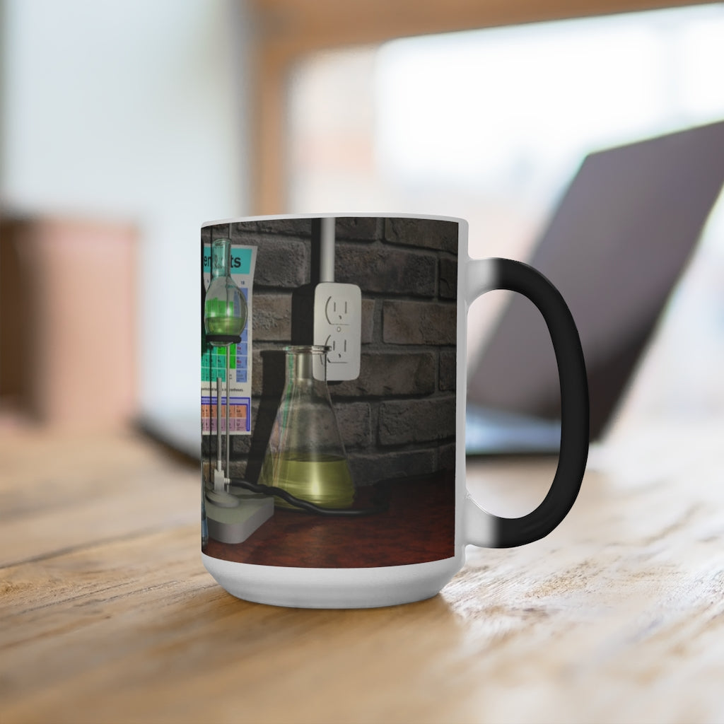 A white ceramic Science Scene Color Changing Mug displaying vibrant colors as it heats up, perfect for enjoying hot beverages.