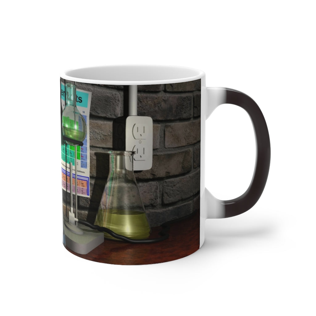 A white ceramic Science Scene Color Changing Mug displaying vibrant colors as it heats up, perfect for enjoying hot beverages.