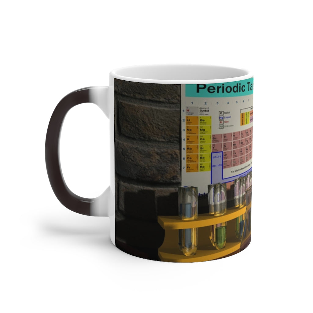 A white ceramic Science Scene Color Changing Mug displaying vibrant colors as it heats up, perfect for enjoying hot beverages.