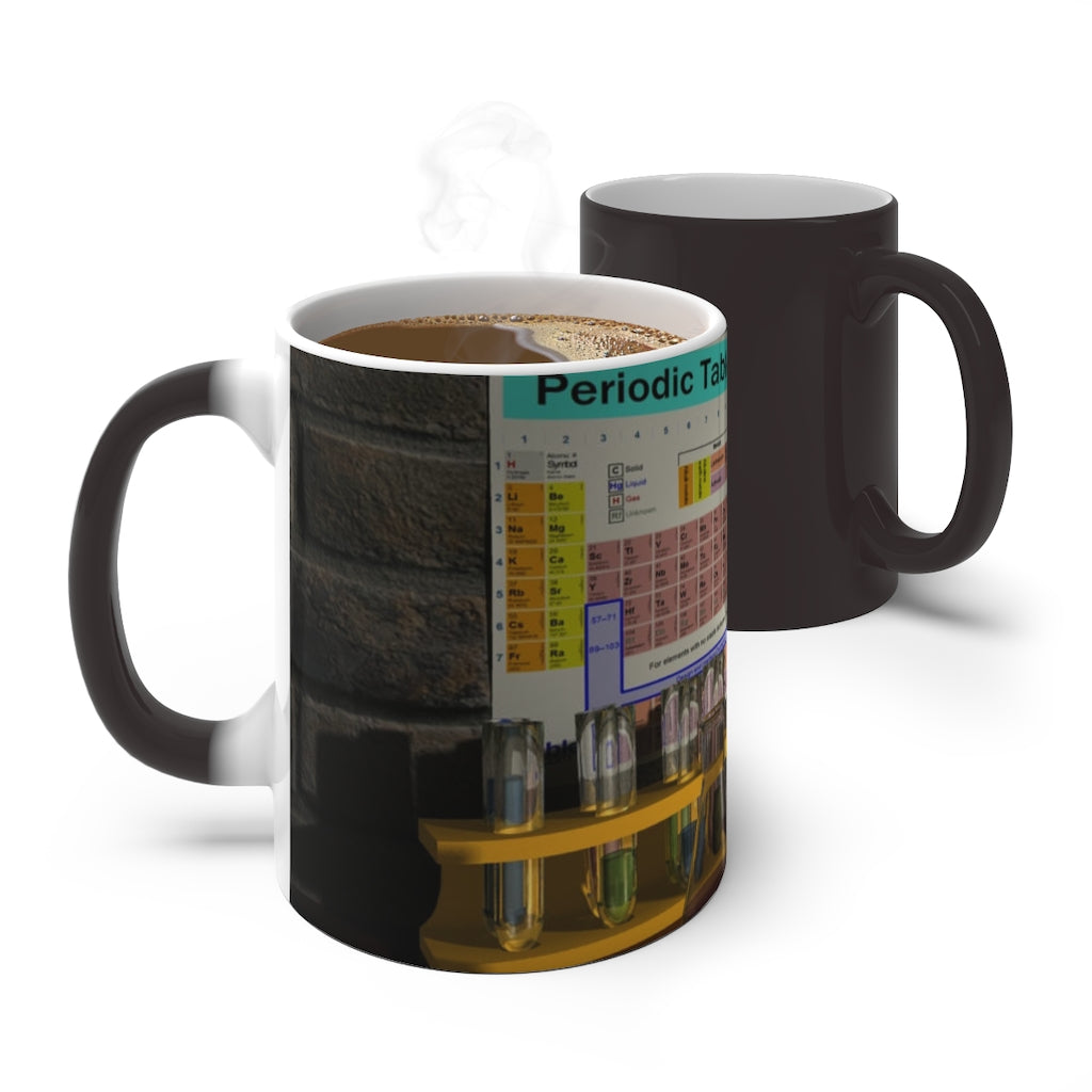 A white ceramic Science Scene Color Changing Mug displaying vibrant colors as it heats up, perfect for enjoying hot beverages.