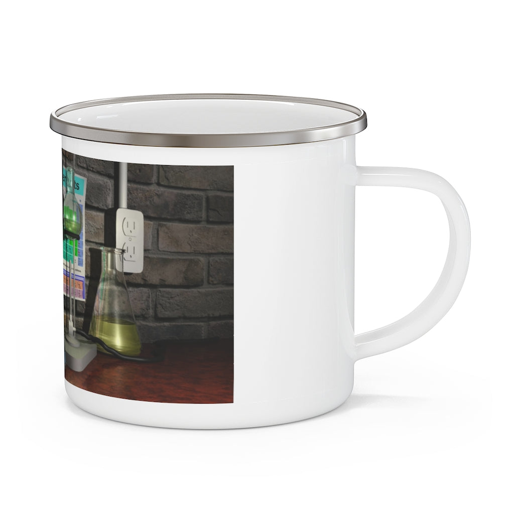 A stylish Science Scene Enamel Camping Mug with a C-handle, showcasing a personalized design, perfect for outdoor adventures.