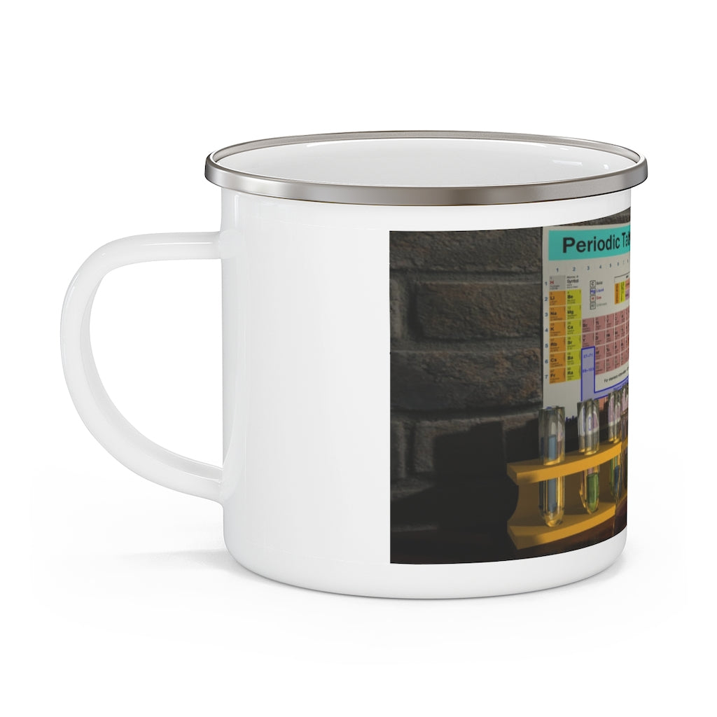 A stylish Science Scene Enamel Camping Mug with a C-handle, showcasing a personalized design, perfect for outdoor adventures.