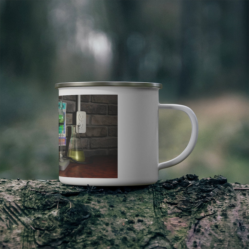 A stylish Science Scene Enamel Camping Mug with a C-handle, showcasing a personalized design, perfect for outdoor adventures.