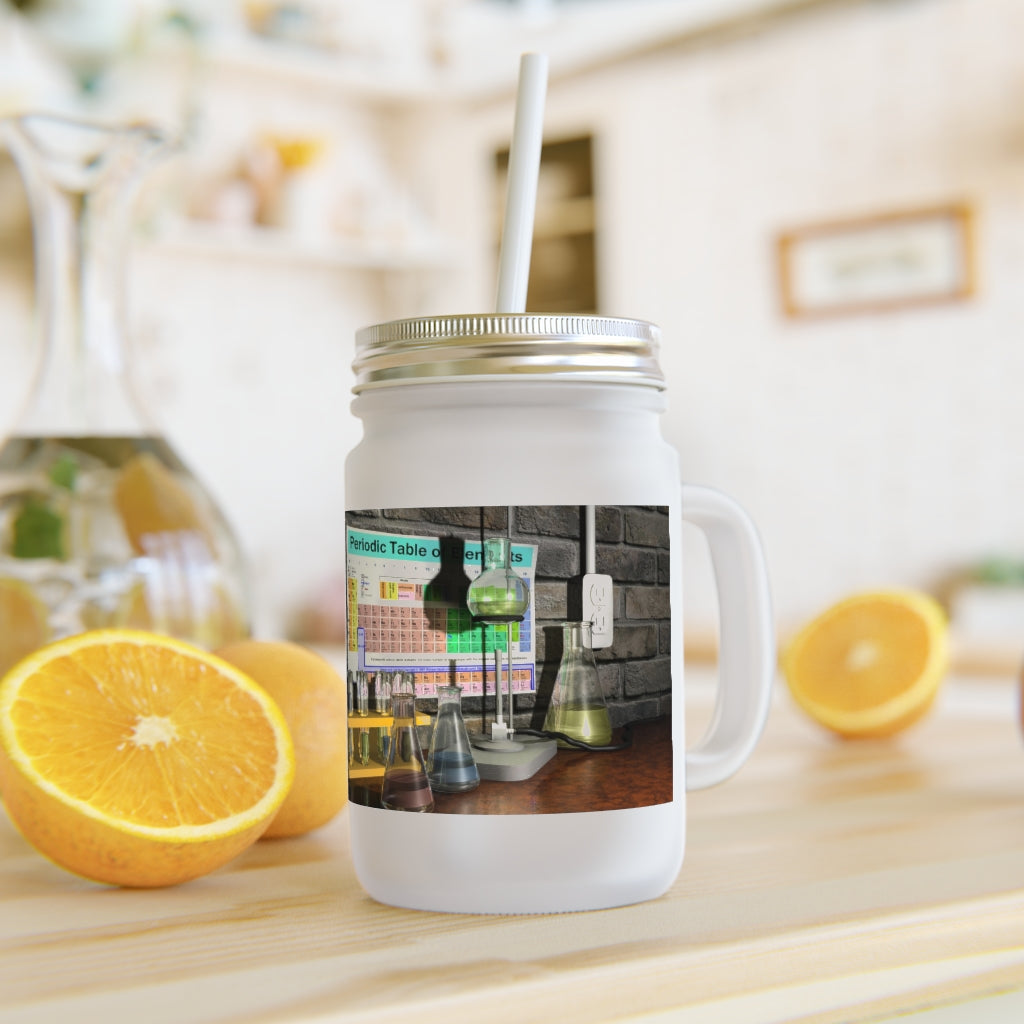 A personalized Science Scene Mason Jar made of frosted glass, featuring a straw and lid, perfect for drinks like lemonade and cocktails.