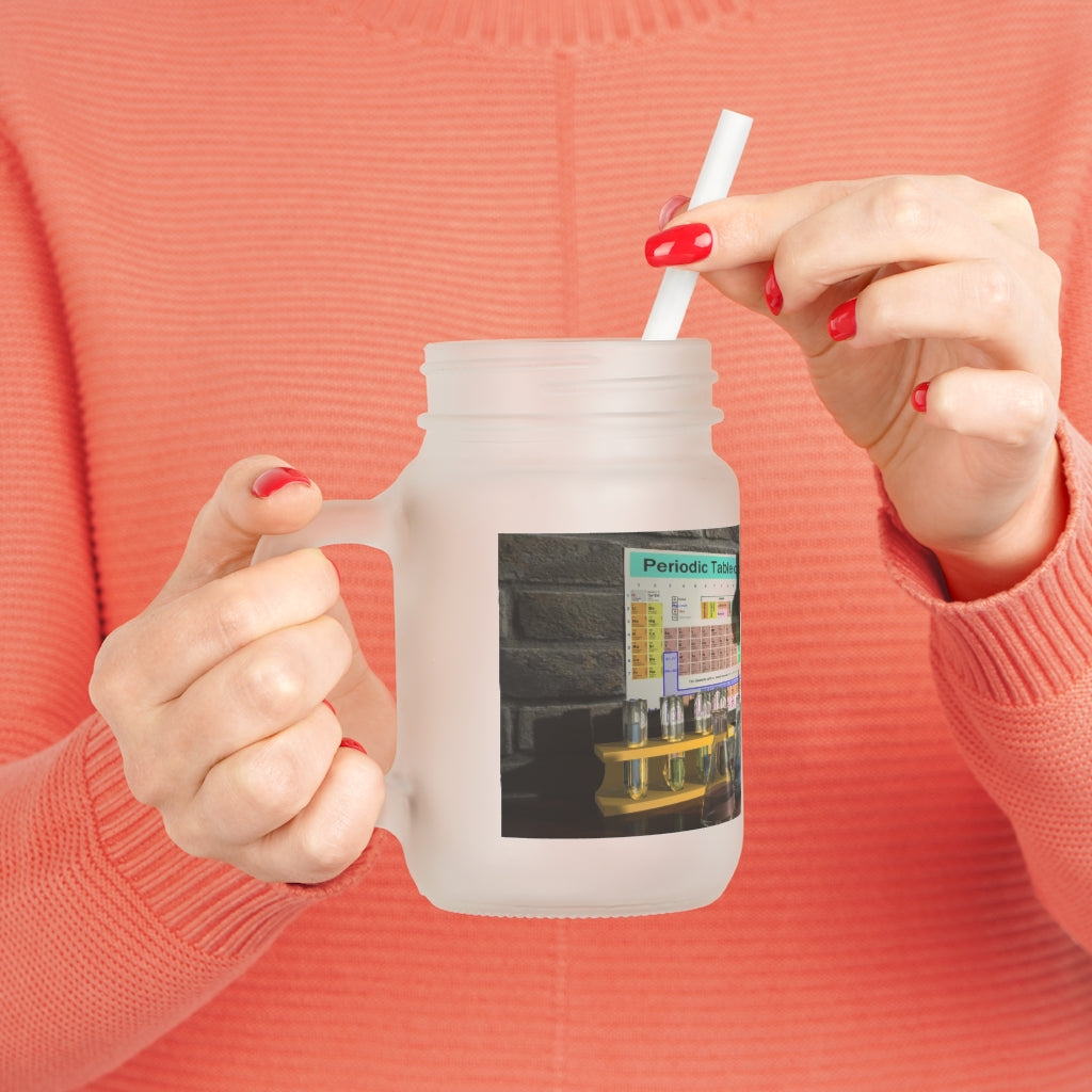 A personalized Science Scene Mason Jar made of frosted glass, featuring a straw and lid, perfect for drinks like lemonade and cocktails.