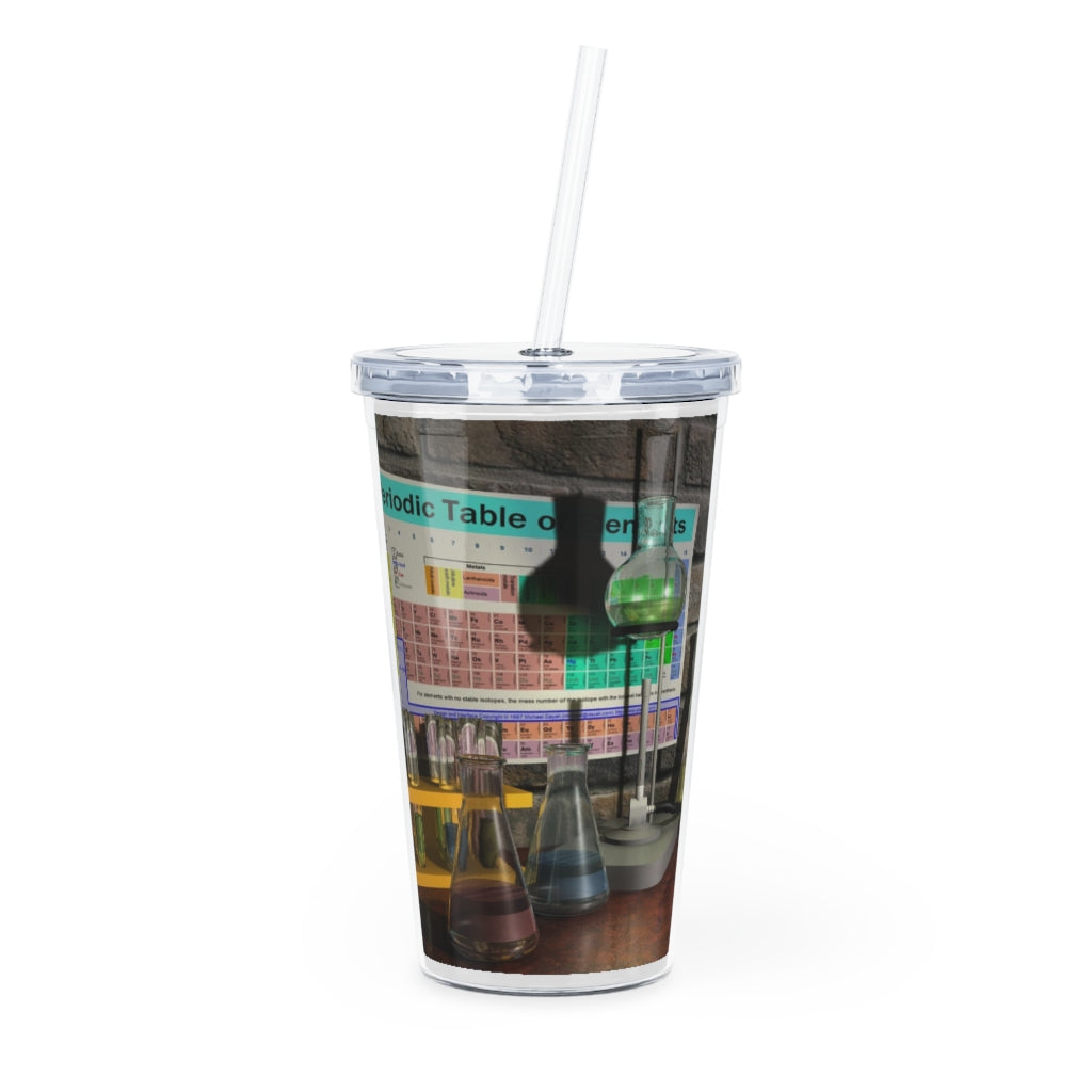 A colorful Science Scene Plastic Tumbler with a straw, showcasing a customizable design and a lid, perfect for drinks at events.