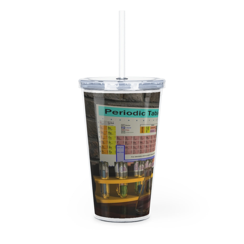 A colorful Science Scene Plastic Tumbler with a straw, showcasing a customizable design and a lid, perfect for drinks at events.