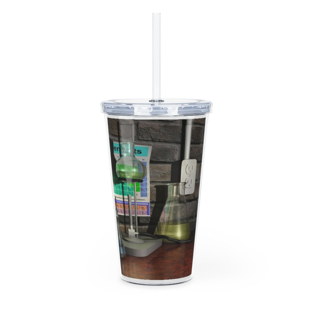 A colorful Science Scene Plastic Tumbler with a straw, showcasing a customizable design and a lid, perfect for drinks at events.