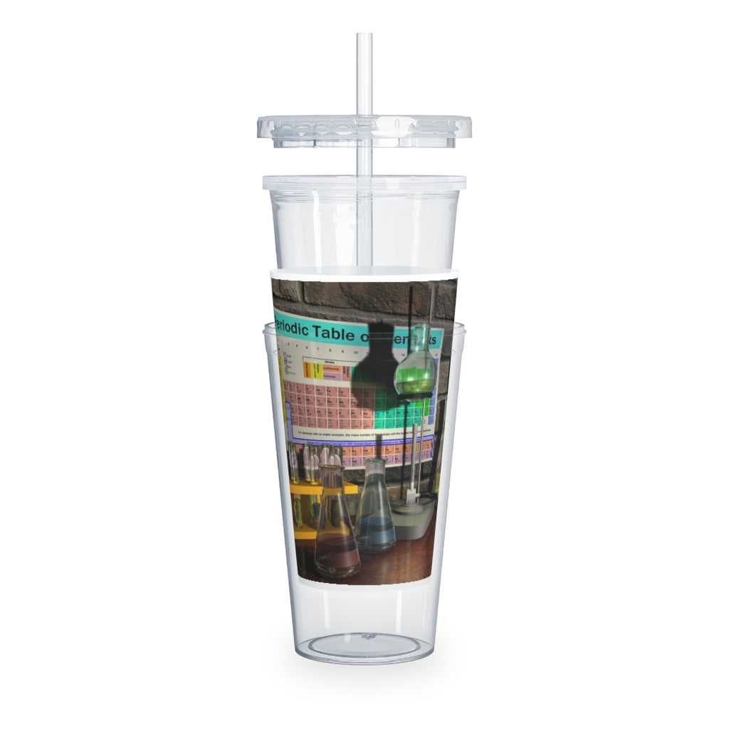 A colorful Science Scene Plastic Tumbler with a straw, showcasing a customizable design and a lid, perfect for drinks at events.