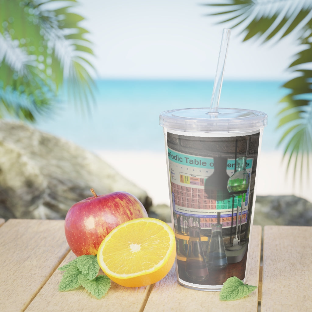 A colorful Science Scene Plastic Tumbler with a straw, showcasing a customizable design and a lid, perfect for drinks at events.