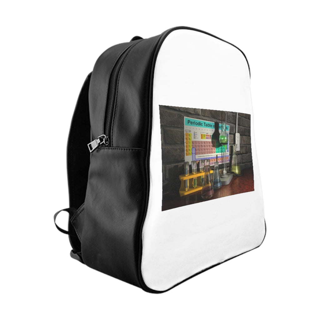 Science Scene School Backpack made of 100% PU leather with stylish print and padded back for comfort.