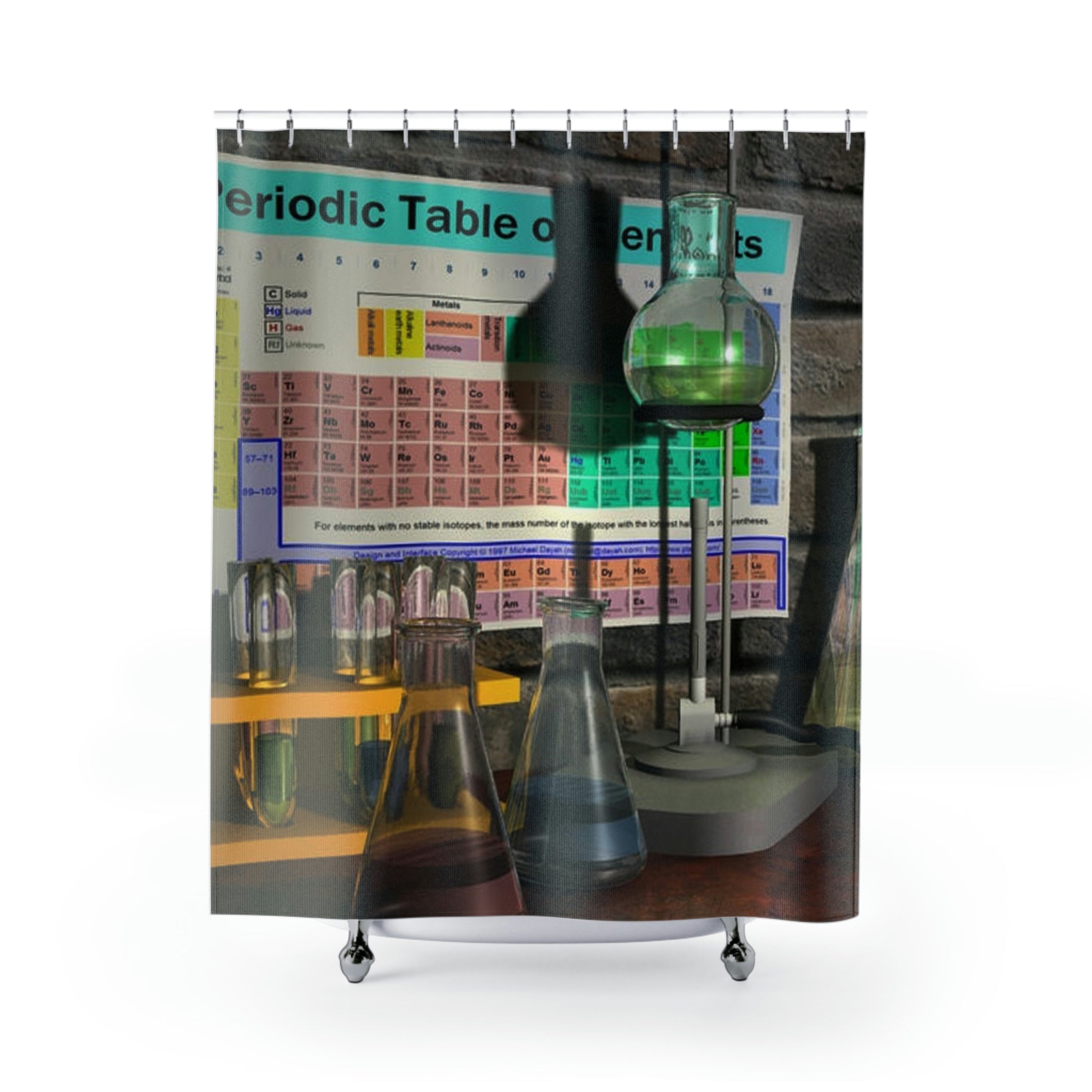 A colorful Science Scene Shower Curtain made of durable polyester, featuring vibrant designs perfect for bathroom decor.