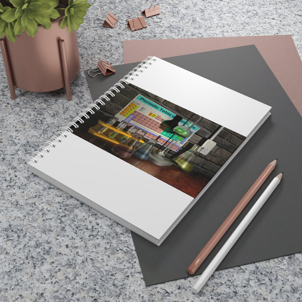 A customizable Science Scene Spiral Notebook with a semi-gloss laminated cover, featuring wide-ruled pages for notes and journaling.