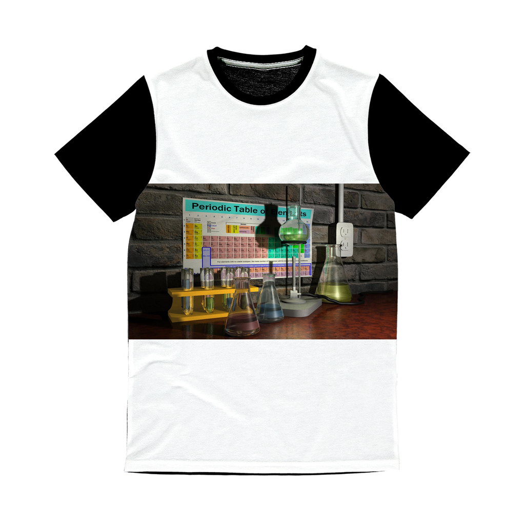 ScienceScene Classic Sublimation Panel T-Shirt featuring a vibrant front design and plain black back, ideal for sublimation printing.