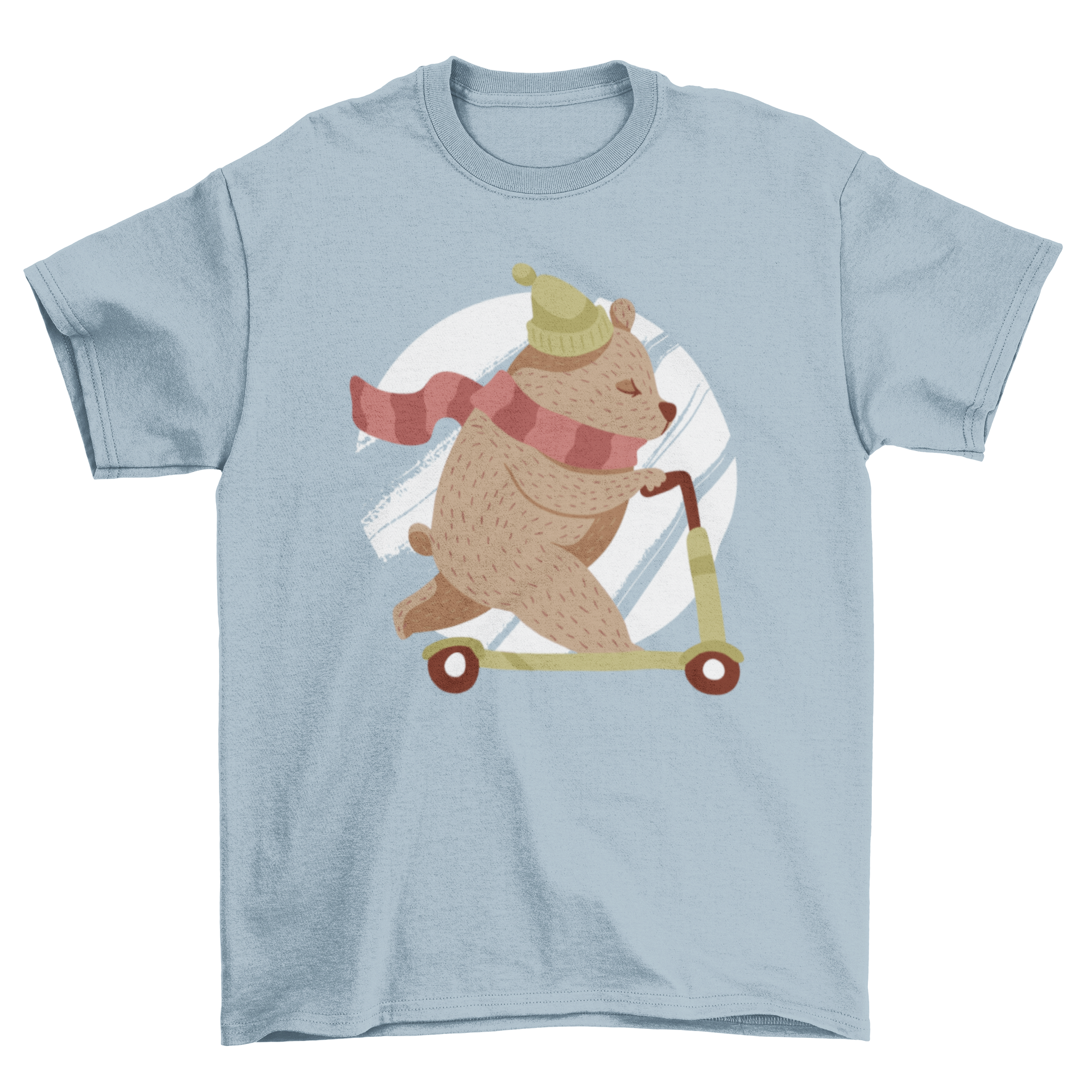 A cute t-shirt featuring a bear in a hat and scarf riding a scooter on an abstract circular background, perfect for kids.