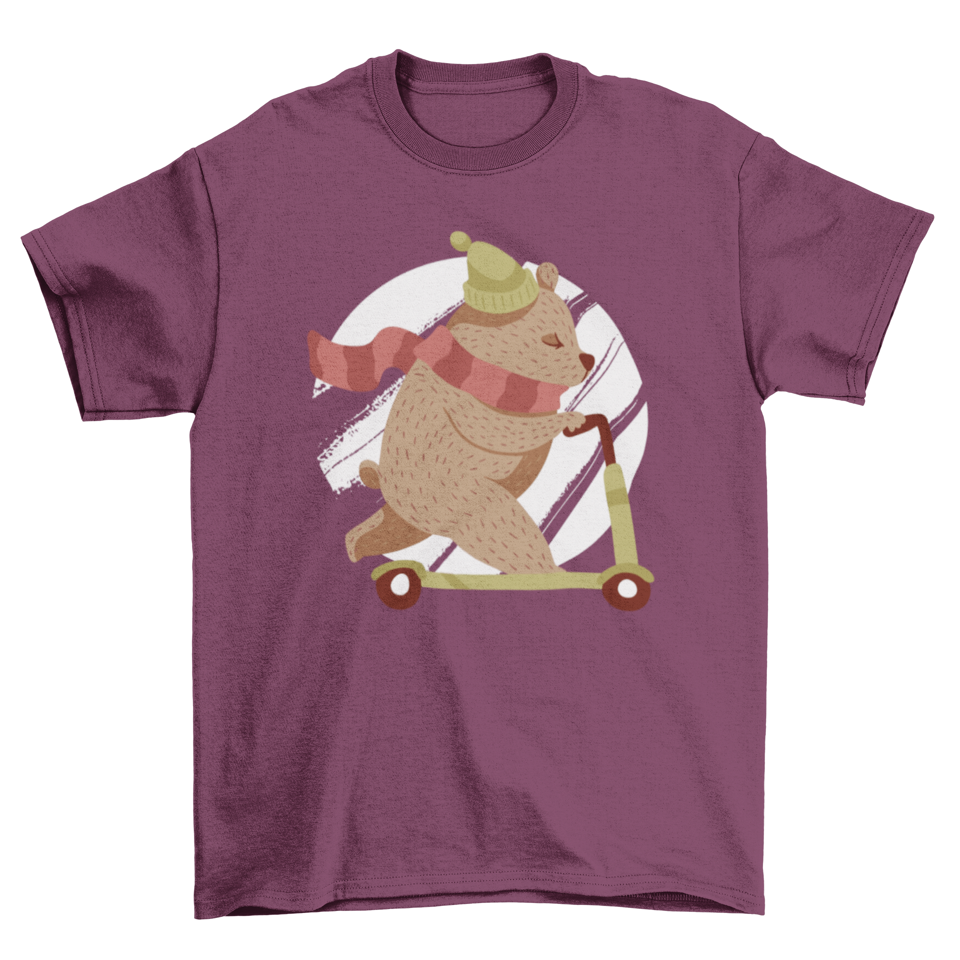 A cute t-shirt featuring a bear in a hat and scarf riding a scooter on an abstract circular background, perfect for kids.