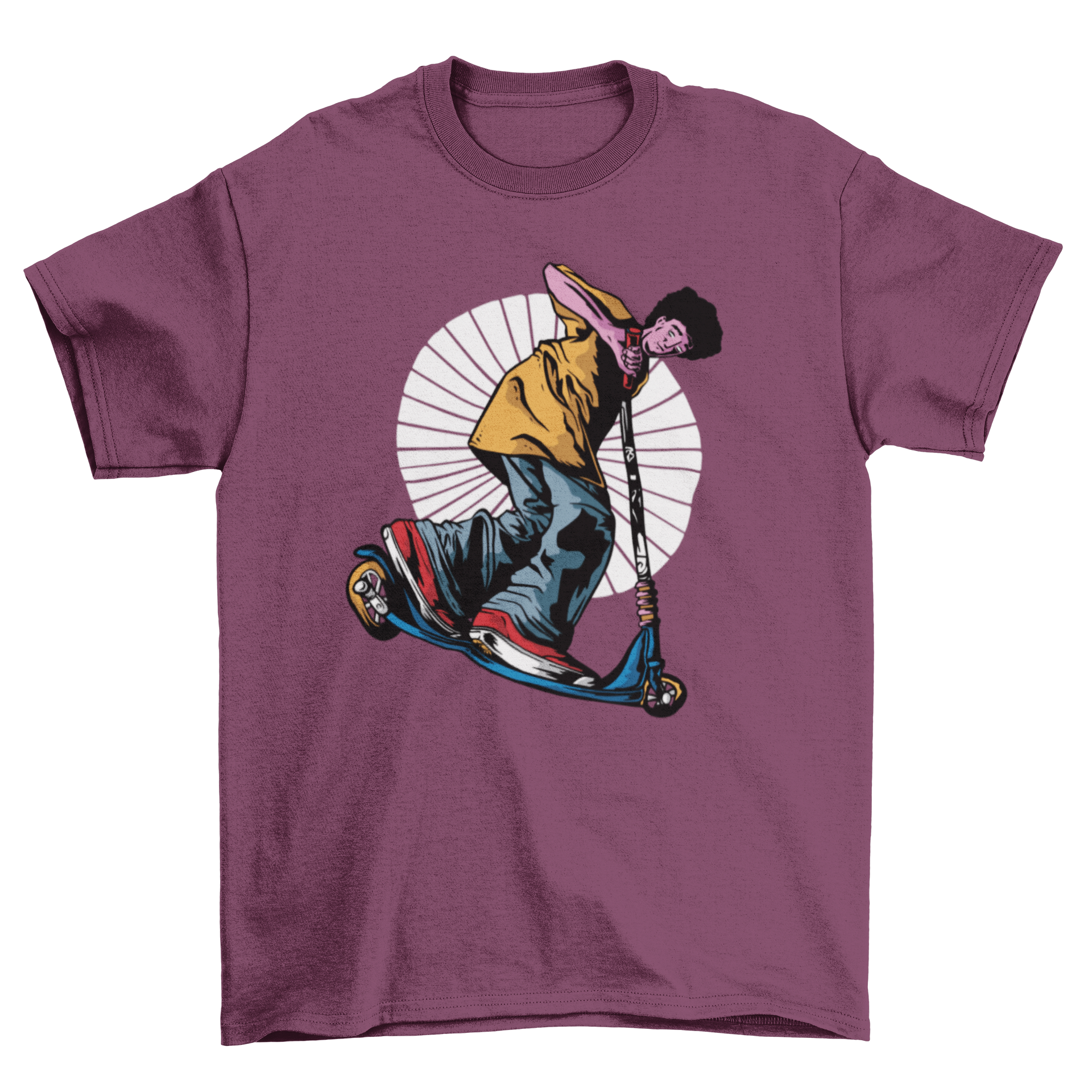 A stylish t-shirt featuring a vibrant illustration of a man riding a scooter, perfect for scooter enthusiasts.