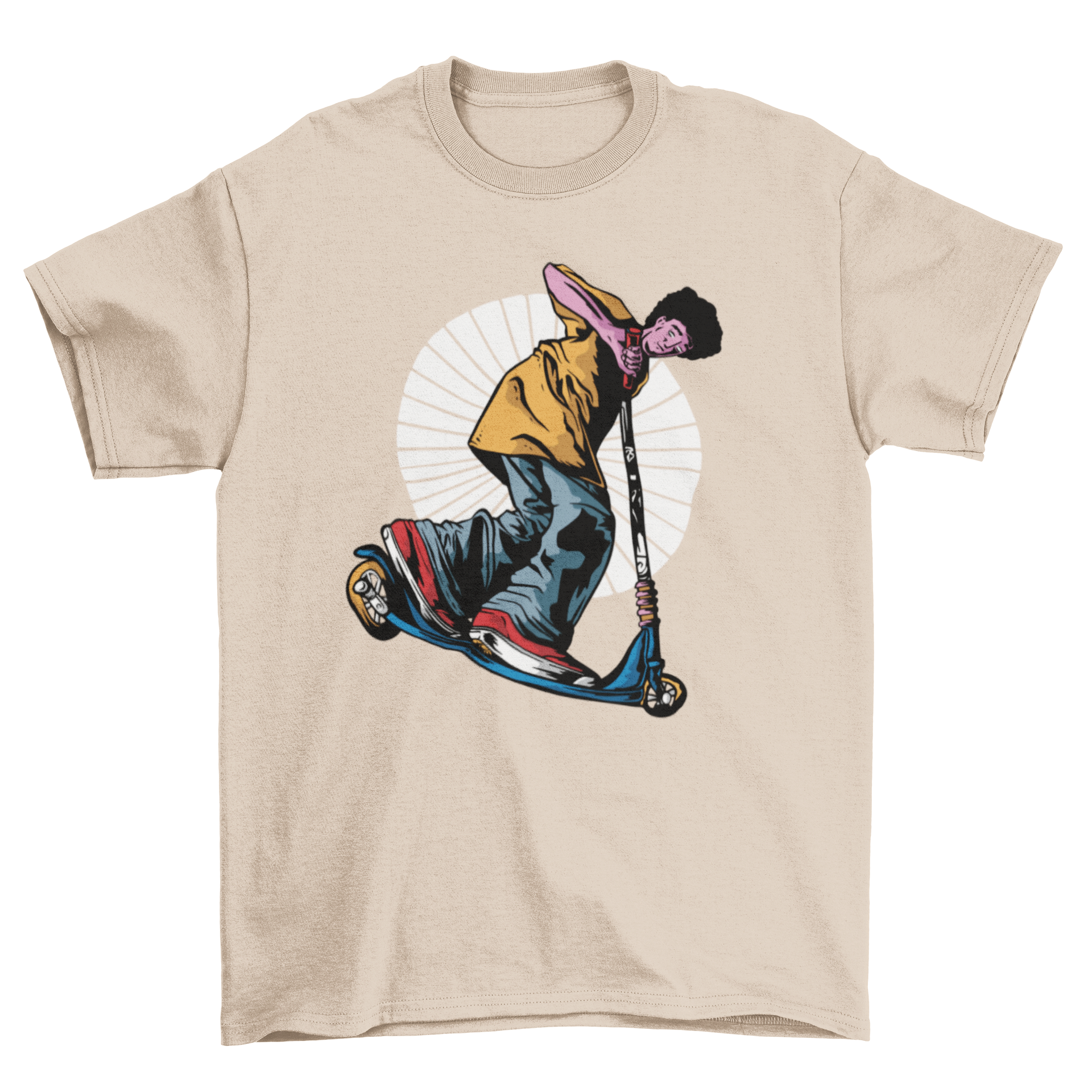 A stylish t-shirt featuring a vibrant illustration of a man riding a scooter, perfect for scooter enthusiasts.