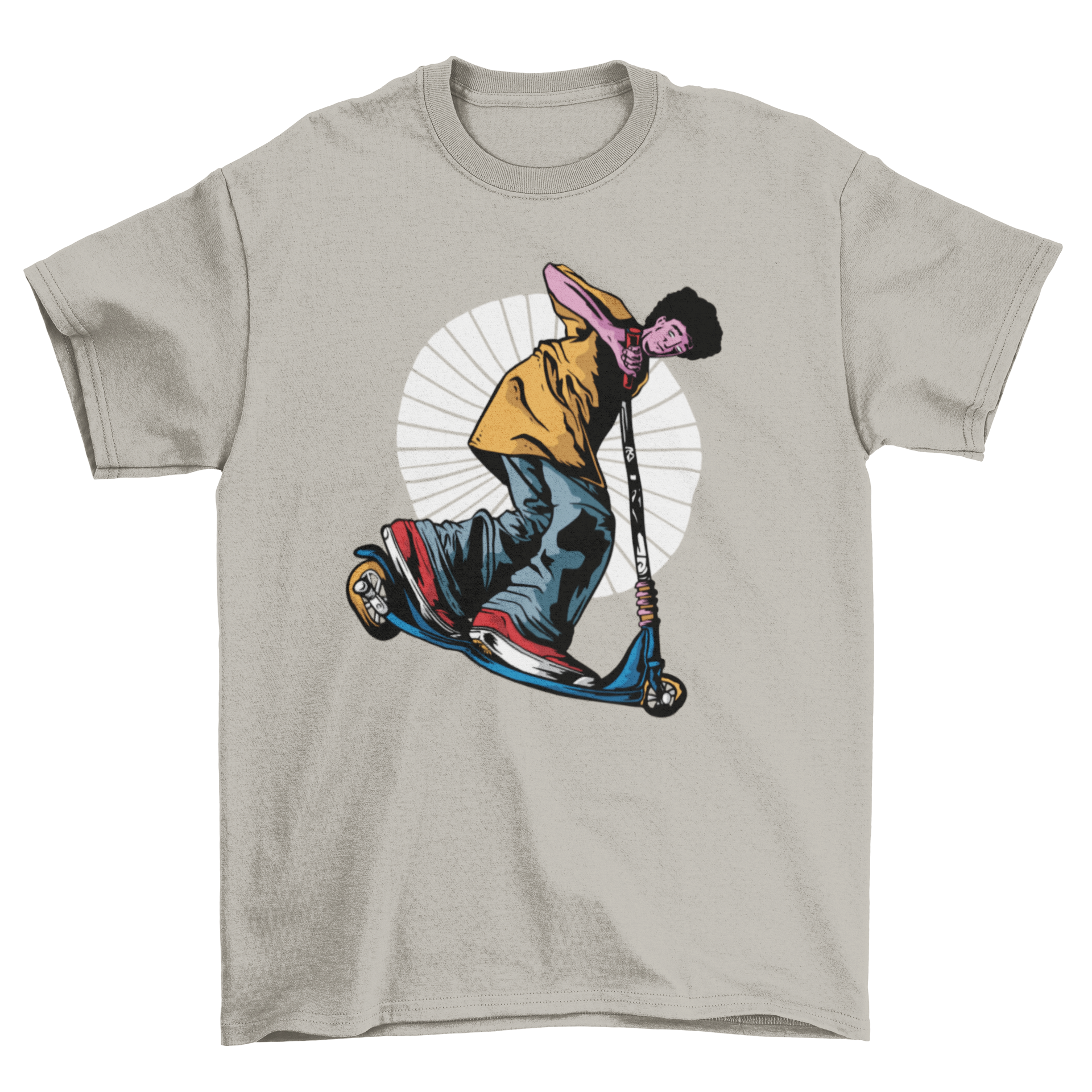 A stylish t-shirt featuring a vibrant illustration of a man riding a scooter, perfect for scooter enthusiasts.