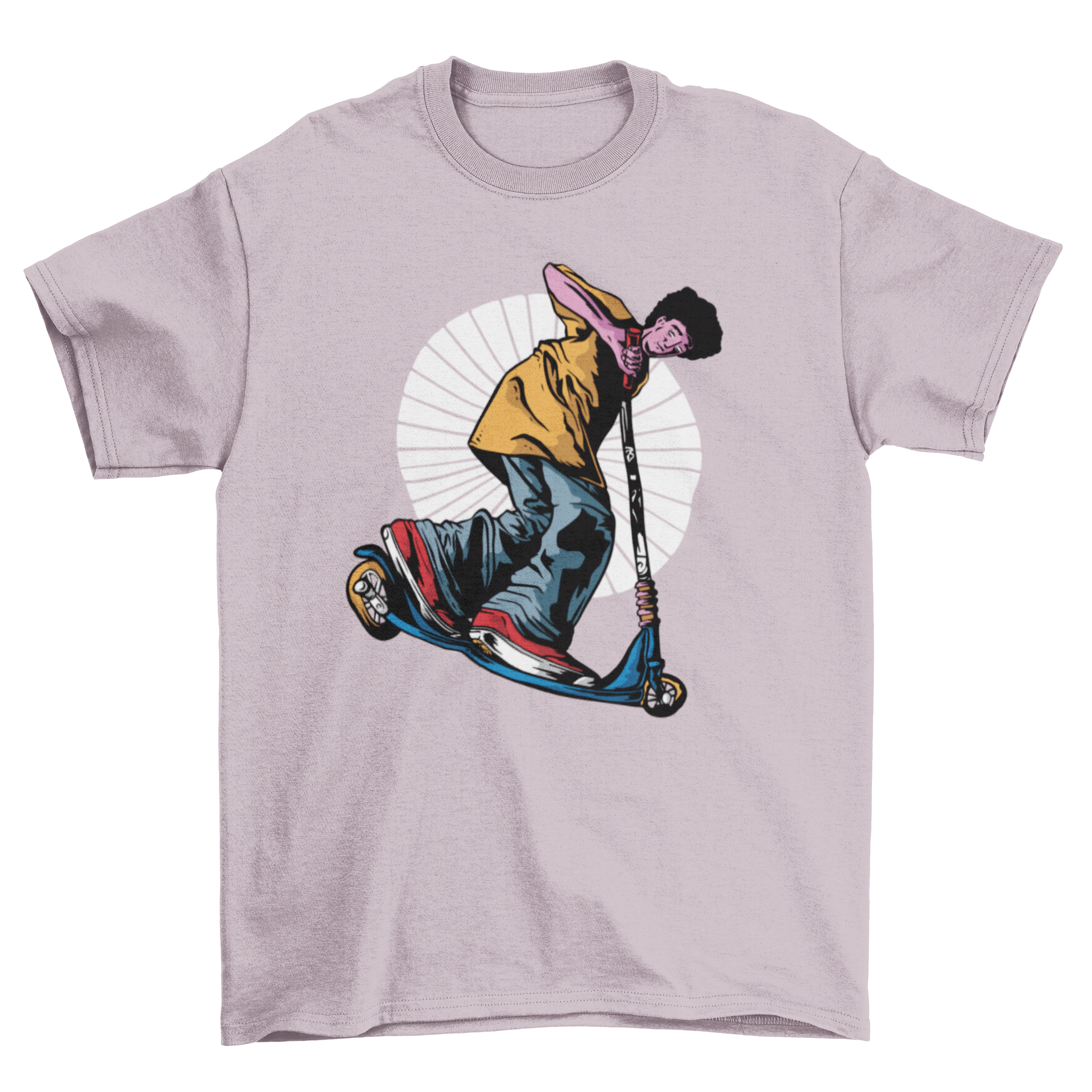 A stylish t-shirt featuring a vibrant illustration of a man riding a scooter, perfect for scooter enthusiasts.