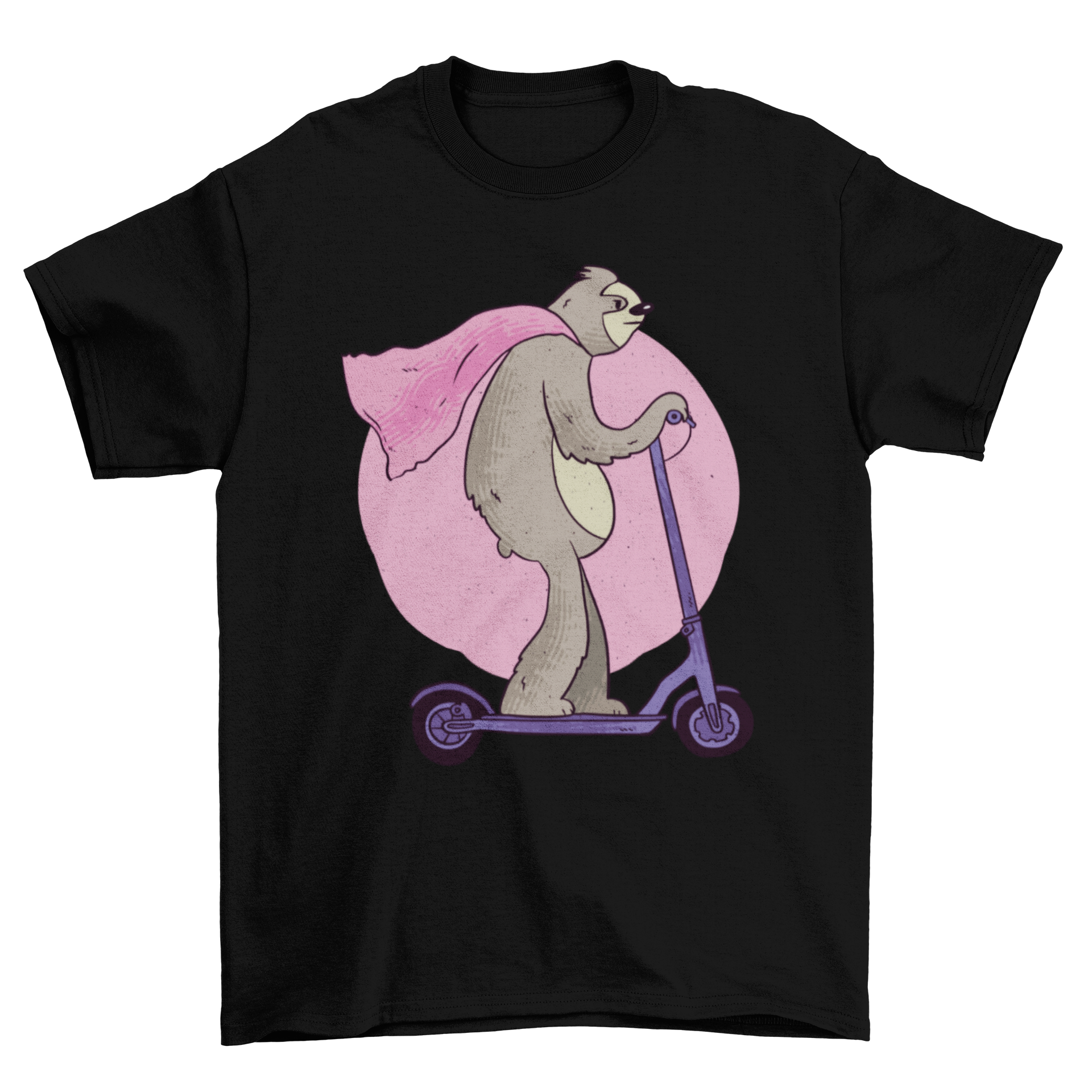 Scooter Sloth T-shirt featuring a sloth riding a scooter with a pink cape.