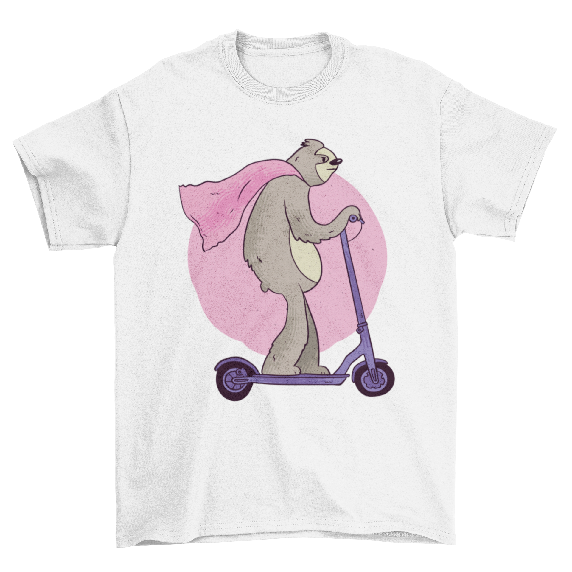 Scooter Sloth T-shirt featuring a sloth riding a scooter with a pink cape.