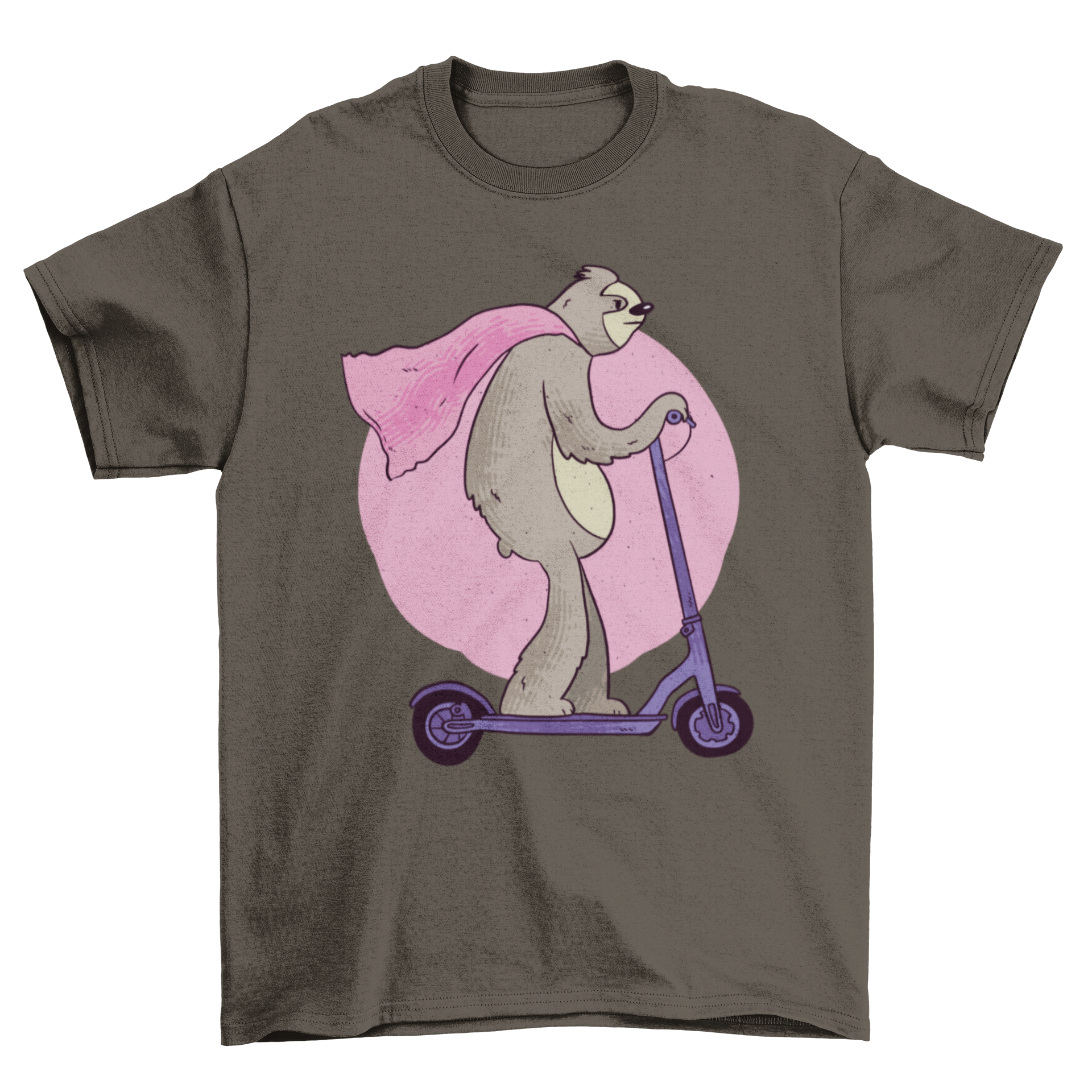 Scooter Sloth T-shirt featuring a sloth riding a scooter with a pink cape.