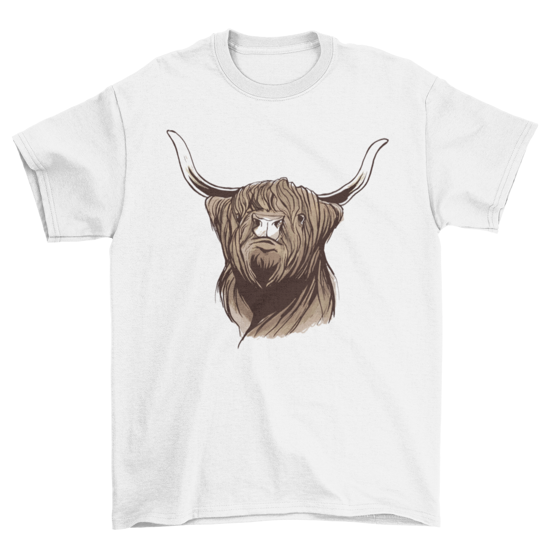 A stylish T-shirt featuring a detailed design of a Scottish Highland cow, showcasing its long horns and shaggy fur.