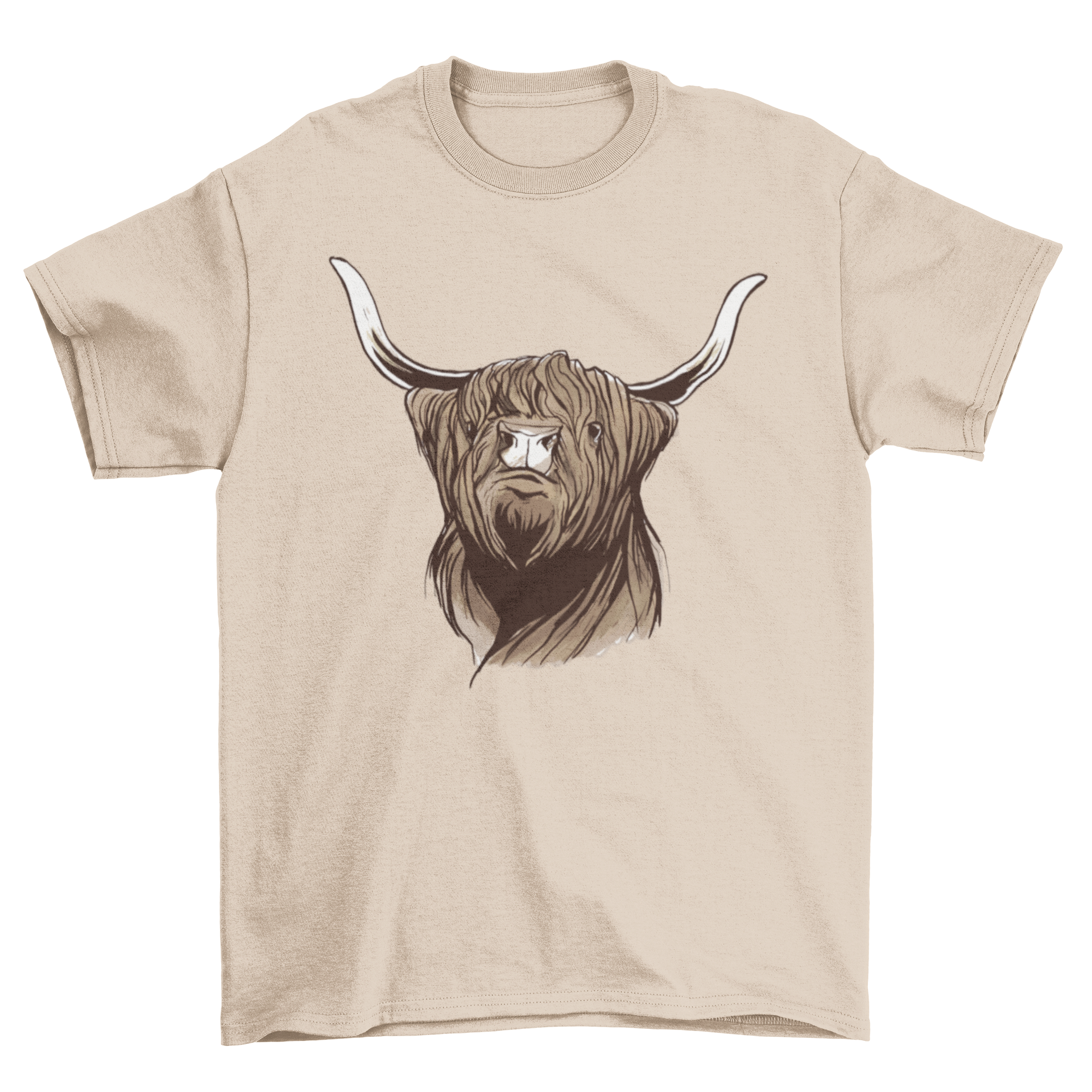 A stylish T-shirt featuring a detailed design of a Scottish Highland cow, showcasing its long horns and shaggy fur.