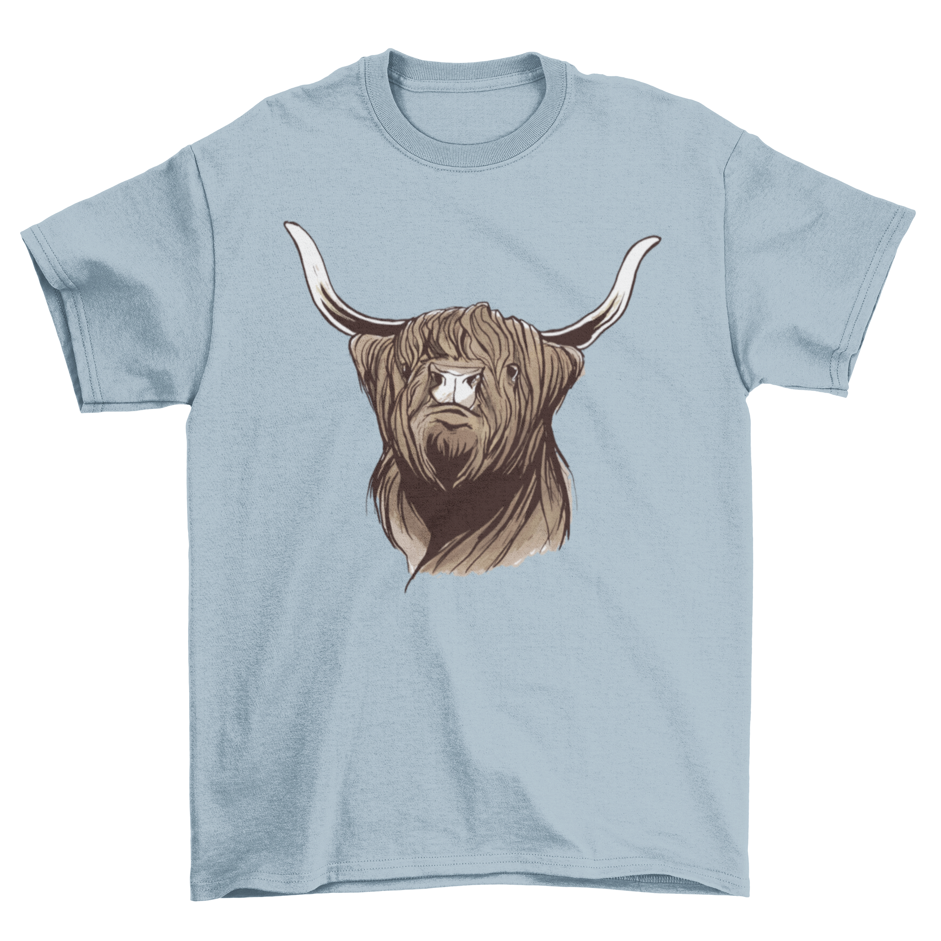 A stylish T-shirt featuring a detailed design of a Scottish Highland cow, showcasing its long horns and shaggy fur.