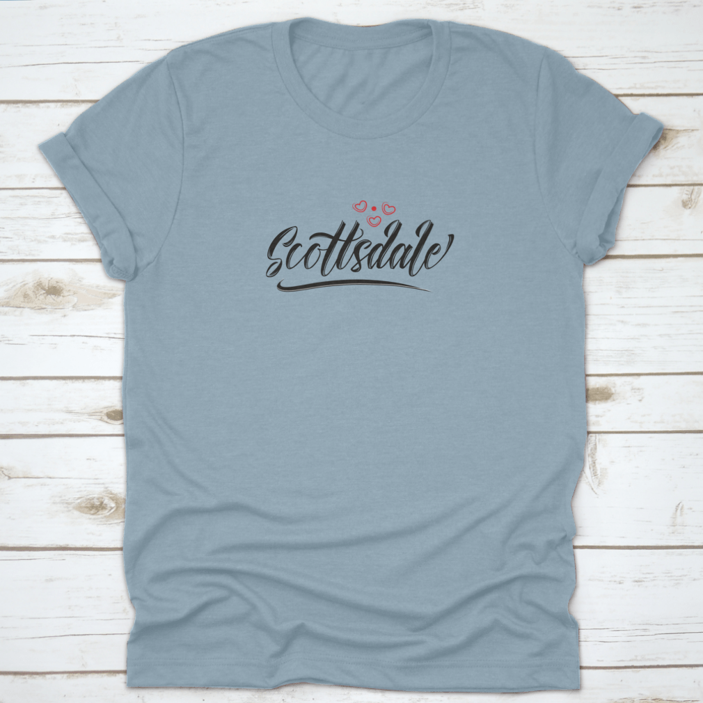 Scottsdale City Text Design T-shirt featuring a red heart typographic icon, showcasing a stylish and comfortable cotton fabric.