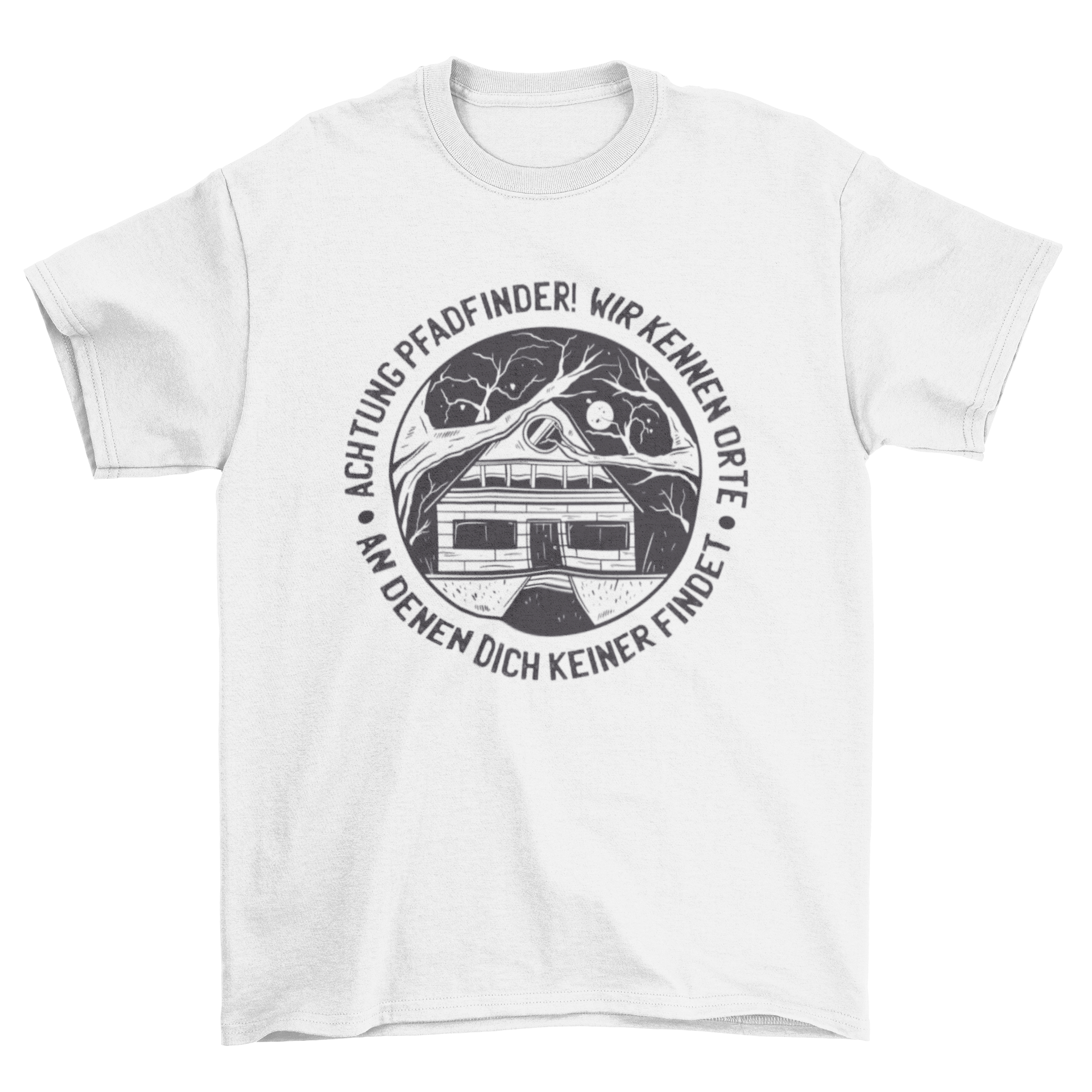 Scouts German quote t-shirt design featuring a cozy cabin illustration and an inspiring quote.