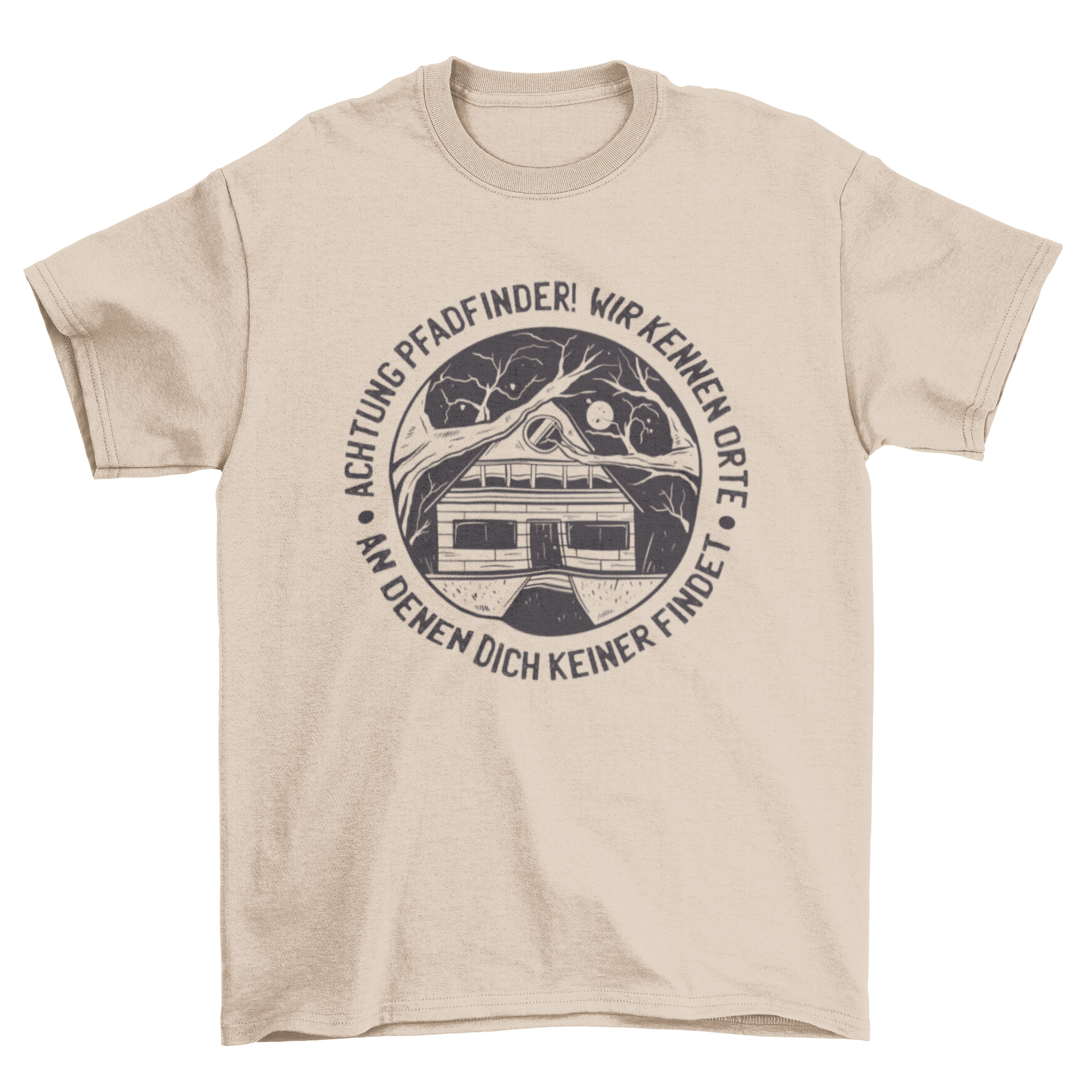 Scouts German quote t-shirt design featuring a cozy cabin illustration and an inspiring quote.