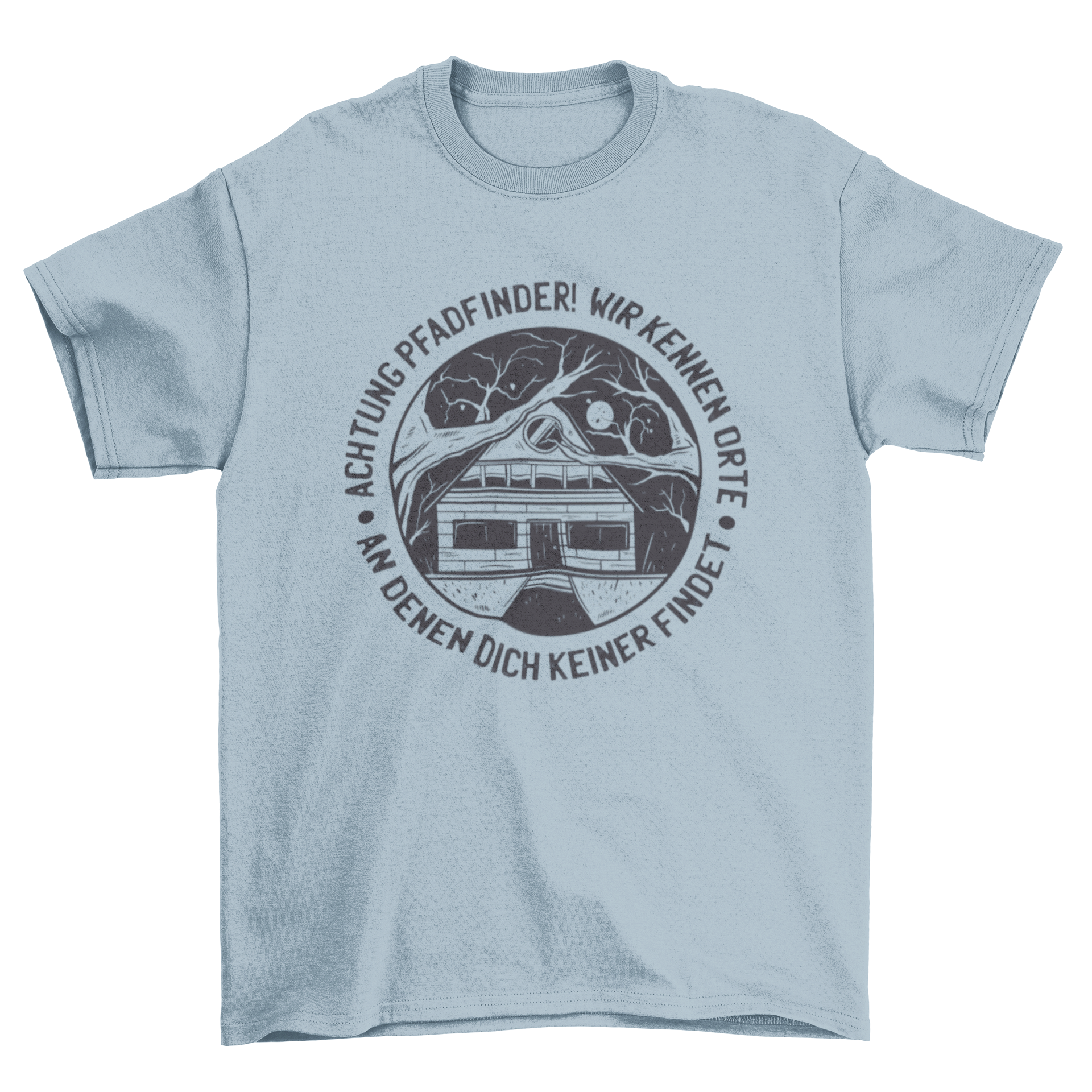 Scouts German quote t-shirt design featuring a cozy cabin illustration and an inspiring quote.