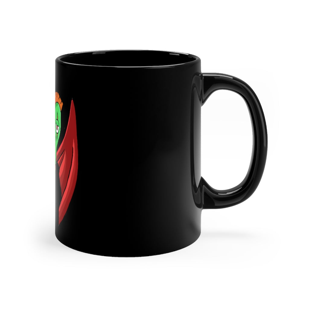 Screech Black mug 11oz, featuring a sleek black ceramic design with rounded corners and a comfortable C-handle.