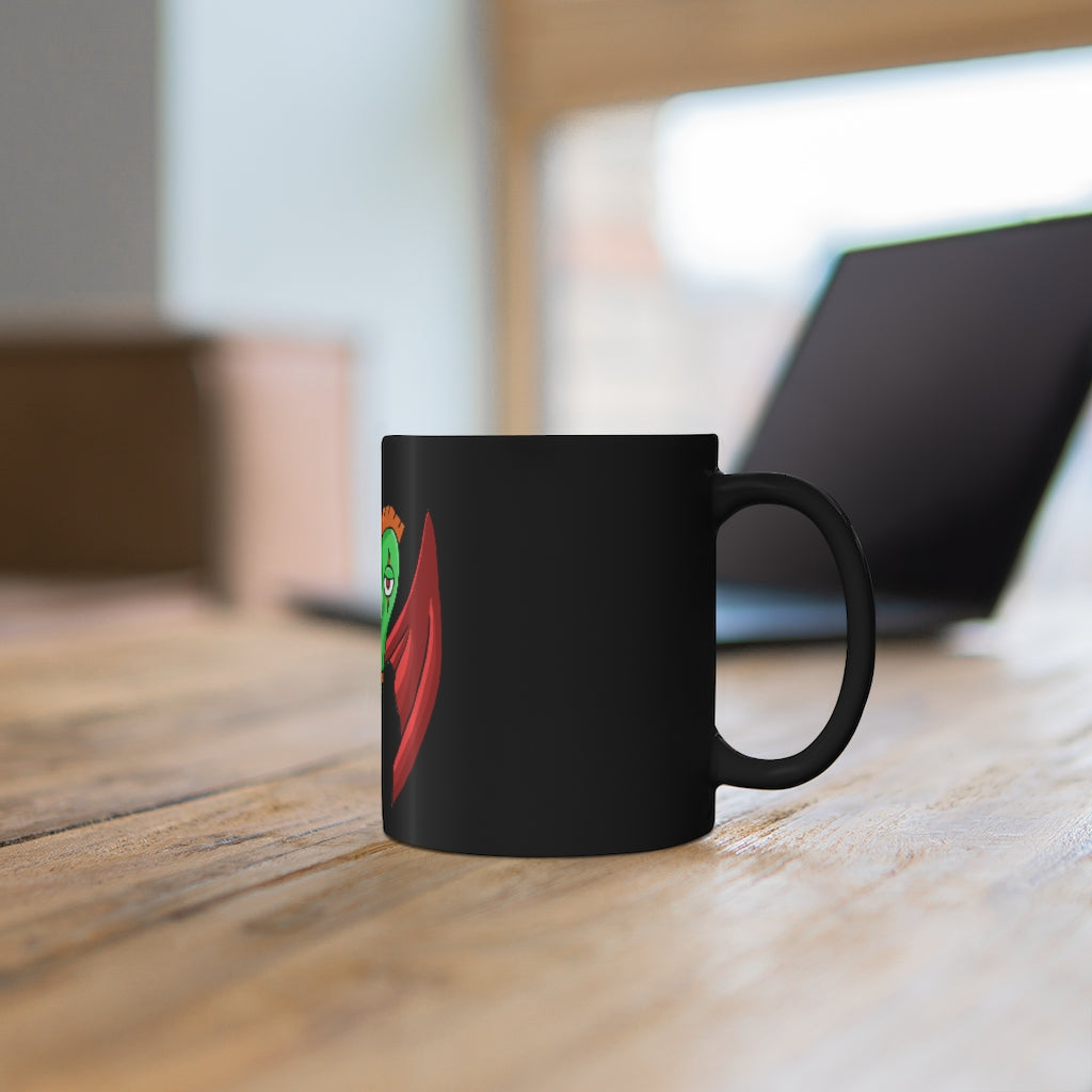 Screech Black mug 11oz, featuring a sleek black ceramic design with rounded corners and a comfortable C-handle.