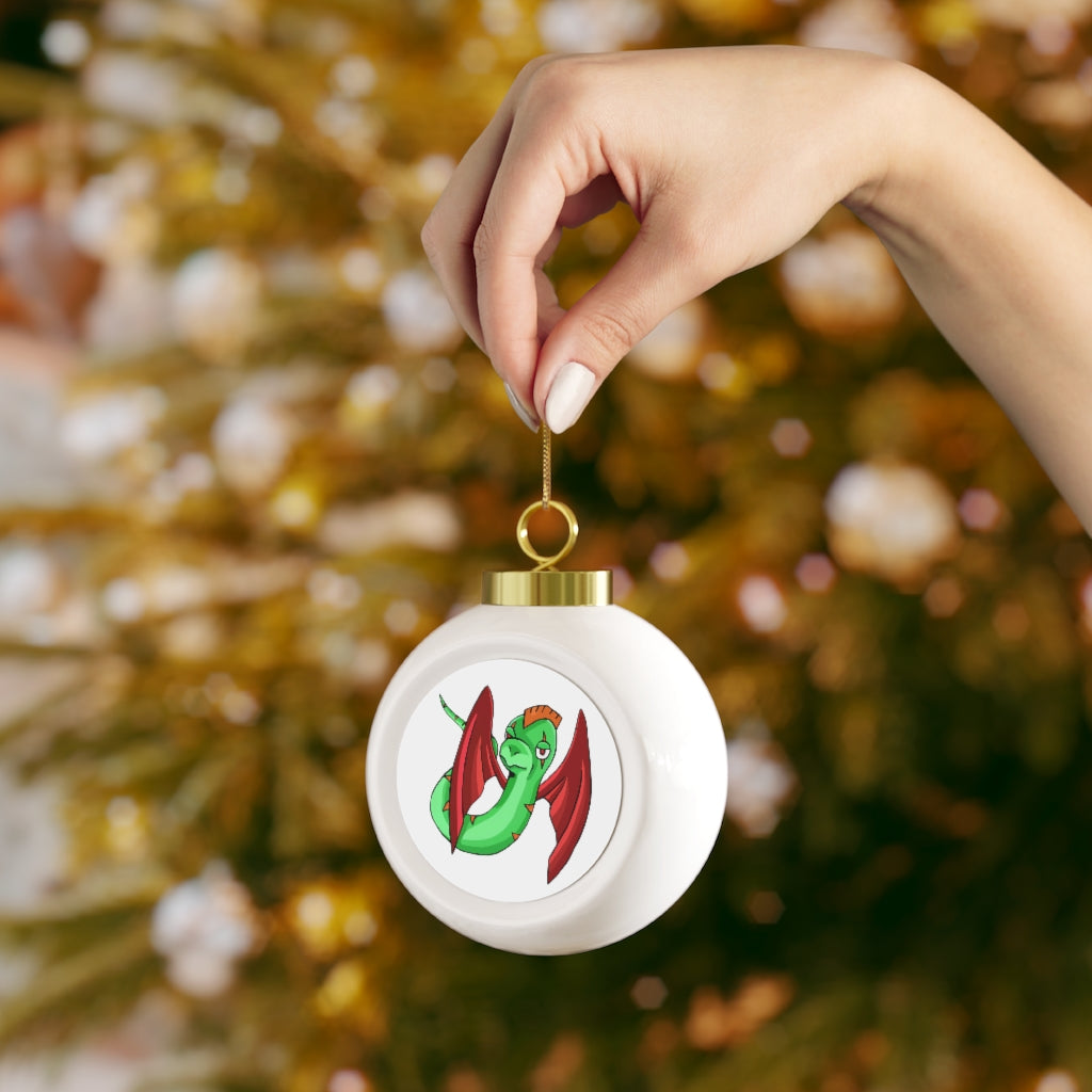 A 3-inch Screech Christmas Ball Ornament with a glossy finish and gold ribbon, featuring a vintage design and custom metal insert.