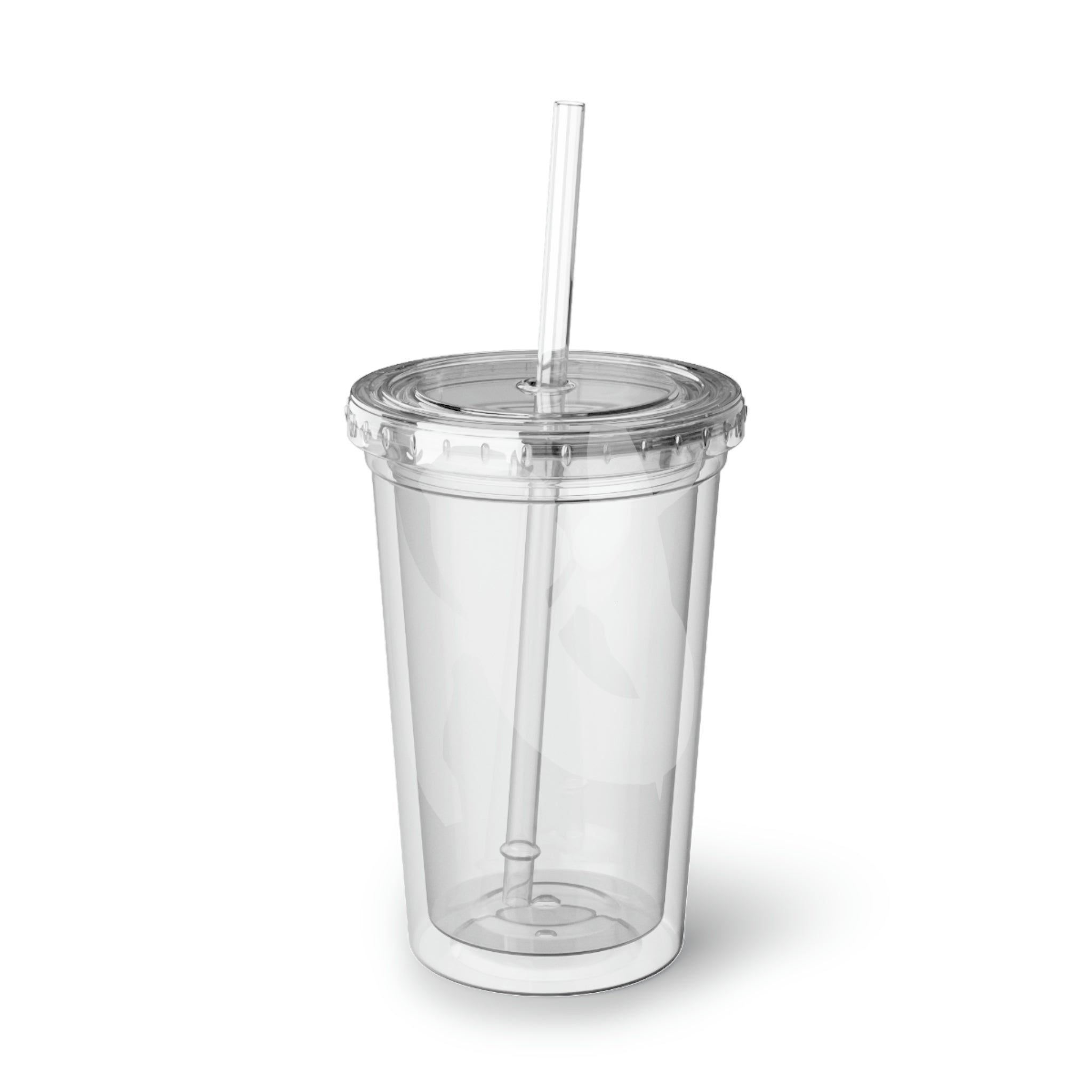 Screech Suave Acrylic Cup in stainless steel with a black screw-on cap and plastic straw, showcasing a customizable design.