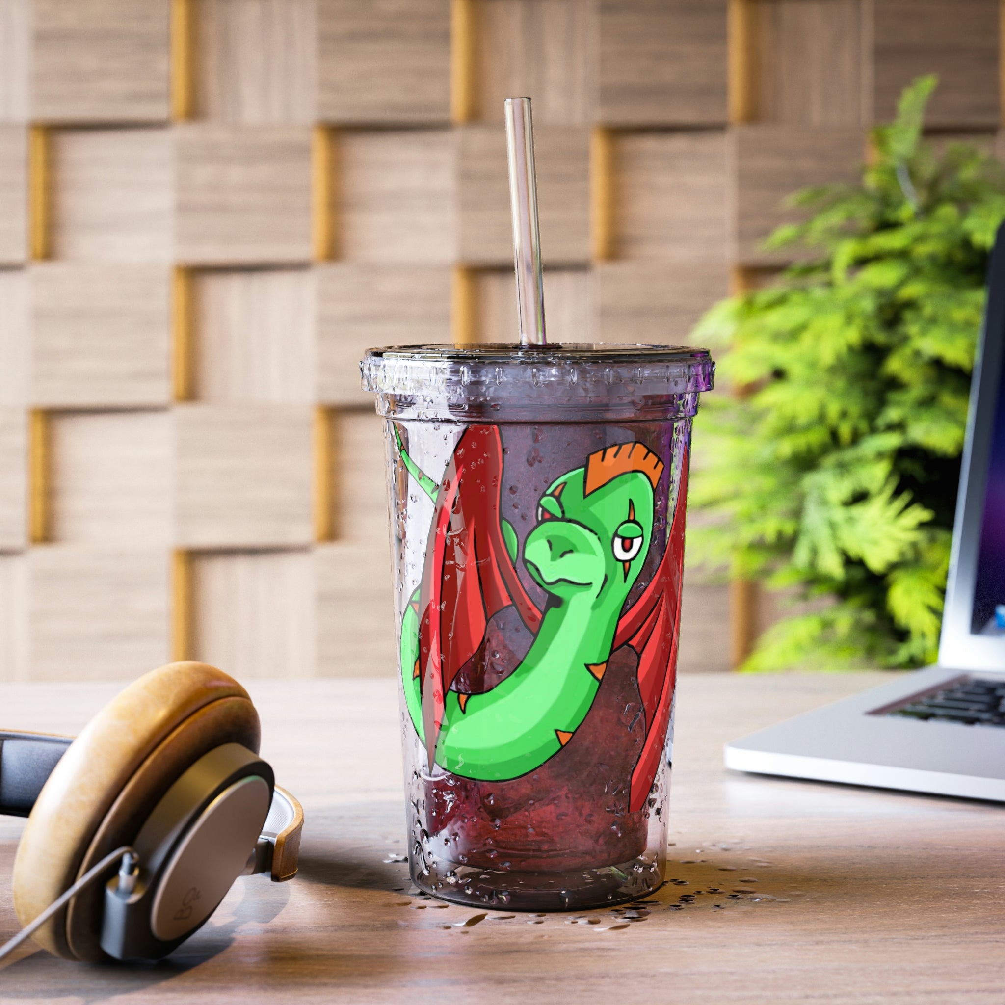 Screech Suave Acrylic Cup in stainless steel with a black screw-on cap and plastic straw, showcasing a customizable design.