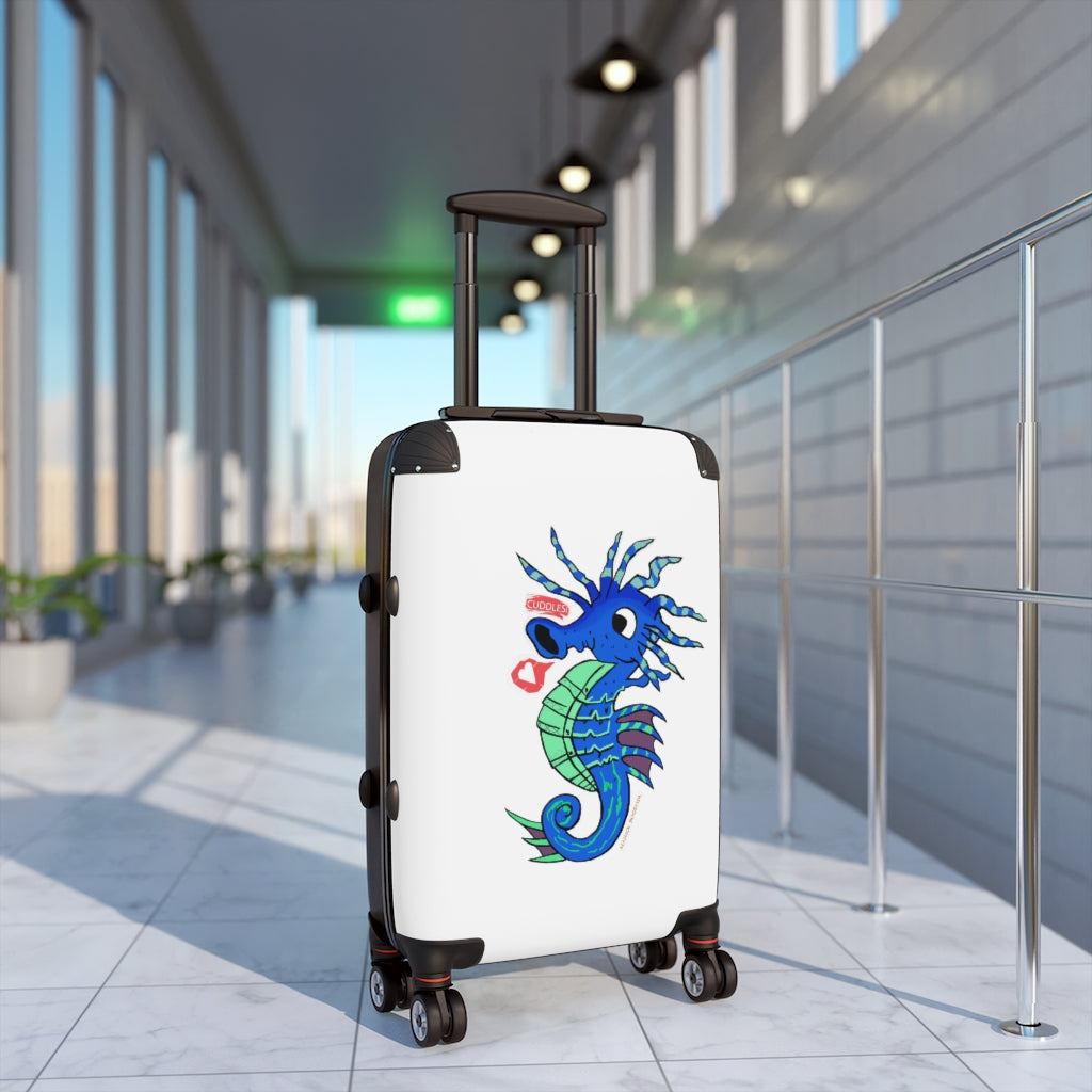 Scribbler's Seahorse Cabin Suitcase featuring a personalized faux leather design, adjustable handle, and double wheels.