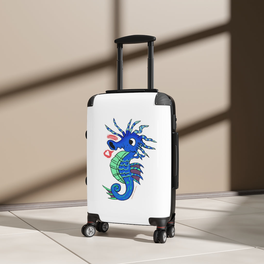 Scribbler's Seahorse Cabin Suitcase featuring a personalized faux leather design, adjustable handle, and double wheels.