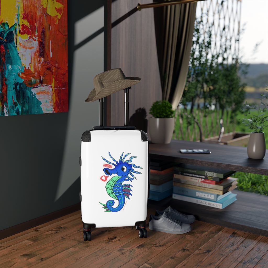 Scribbler's Seahorse Cabin Suitcase featuring a personalized faux leather design, adjustable handle, and double wheels.