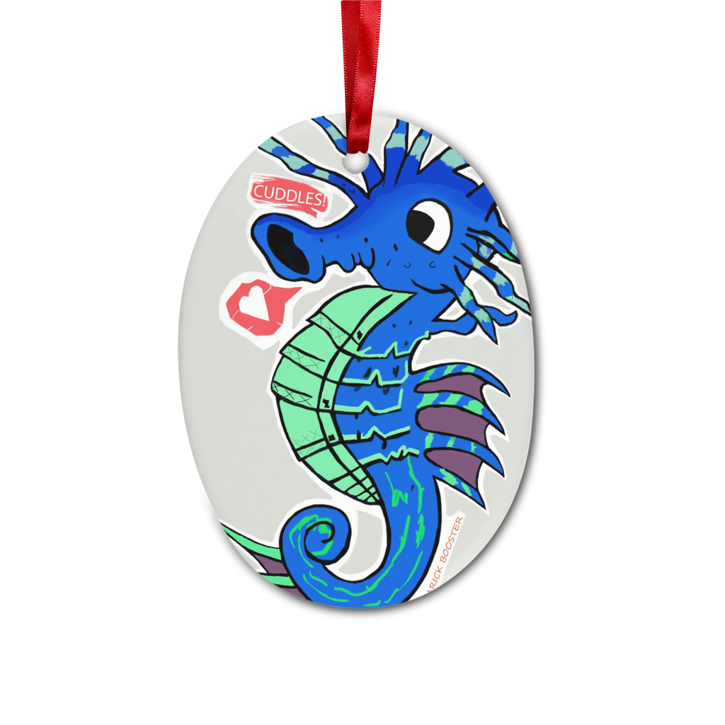 Scribblers the Seahorse Ceramic Hanging Ornament with red ribbon and gold string, beautifully crafted for festive decor.