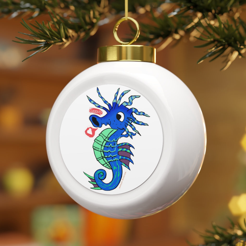 Scribblers the Seahorse Christmas Ball Ornament with glossy finish and gold ribbon, featuring a vintage design and personalized metal insert.