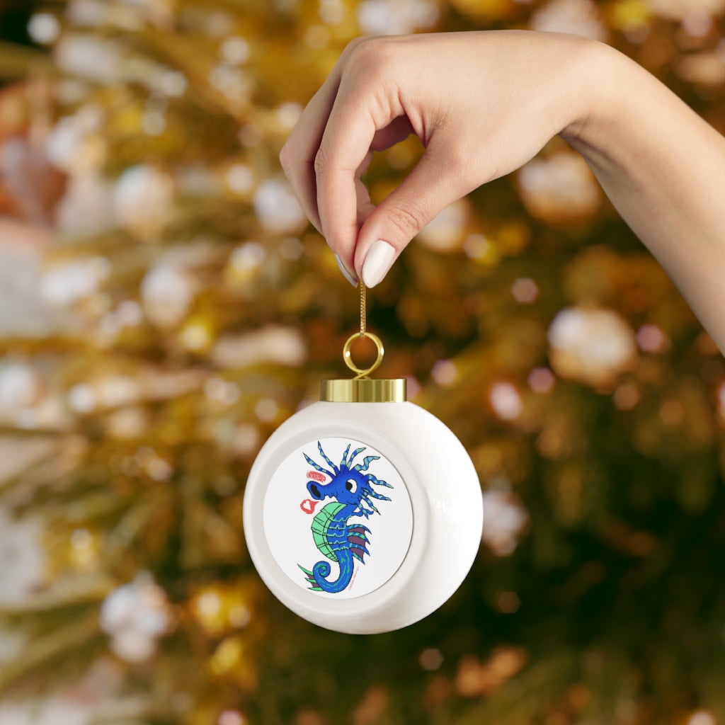 Scribblers the Seahorse Christmas Ball Ornament with glossy finish and gold ribbon, featuring a vintage design and personalized metal insert.