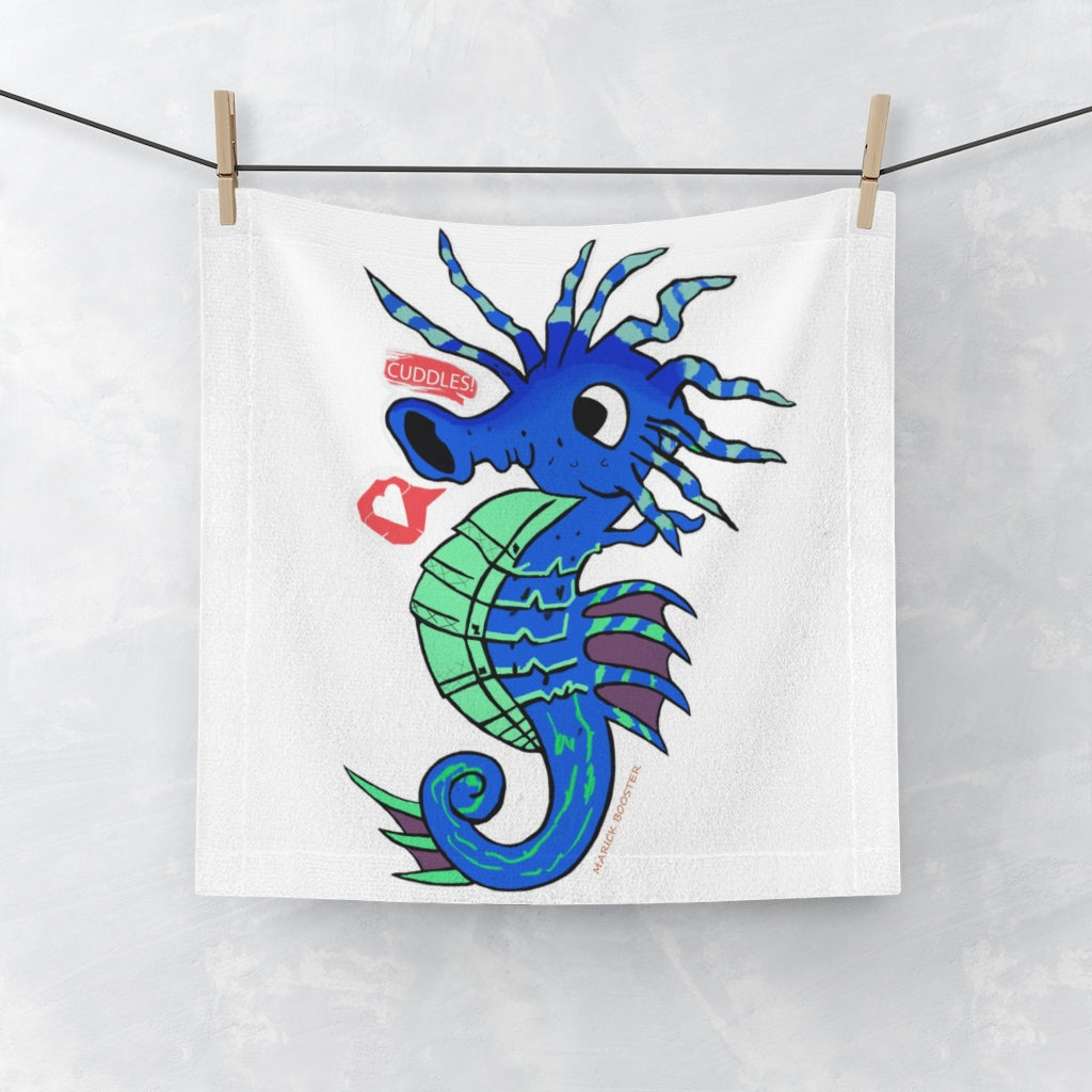 Scribblers the Seahorse Face Towel featuring a vibrant seahorse design on a soft polyester front and absorbent cotton back.