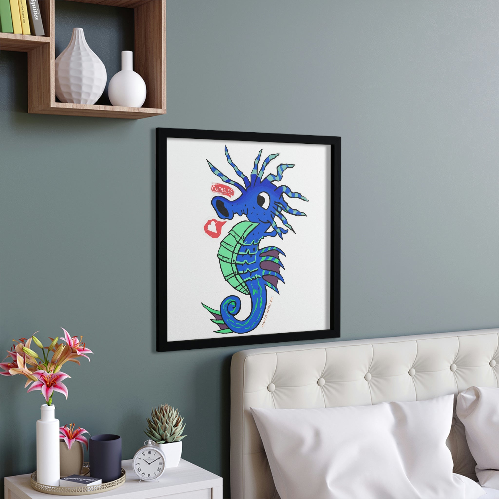 Scribblers the Seahorse Framed Poster featuring a vibrant seahorse design in a hand-crafted wooden frame.