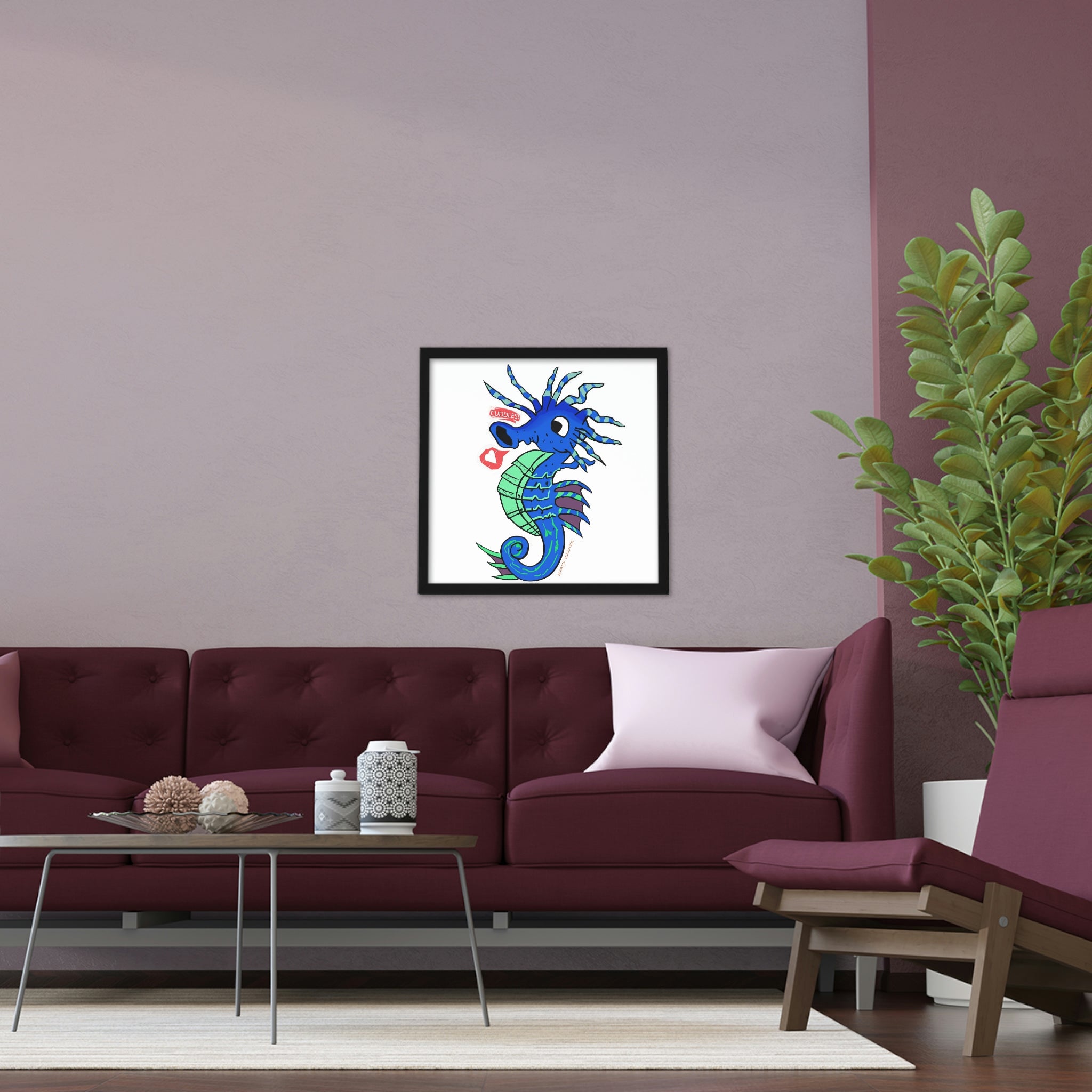 Scribblers the Seahorse Framed Poster featuring a vibrant seahorse design in a hand-crafted wooden frame.