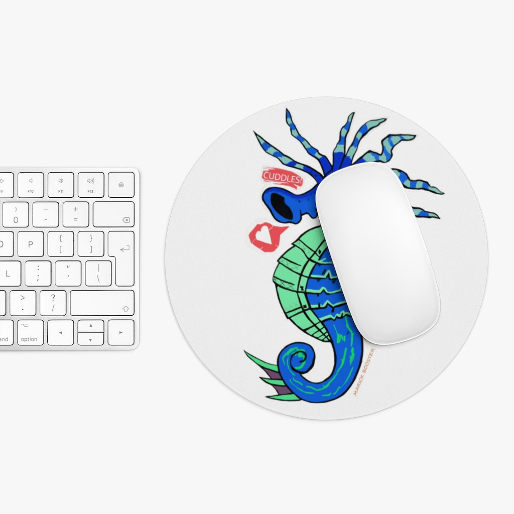 Scribblers the Seahorse Mouse Pad featuring a vibrant seahorse design on a neoprene surface with a non-slip rubber bottom.